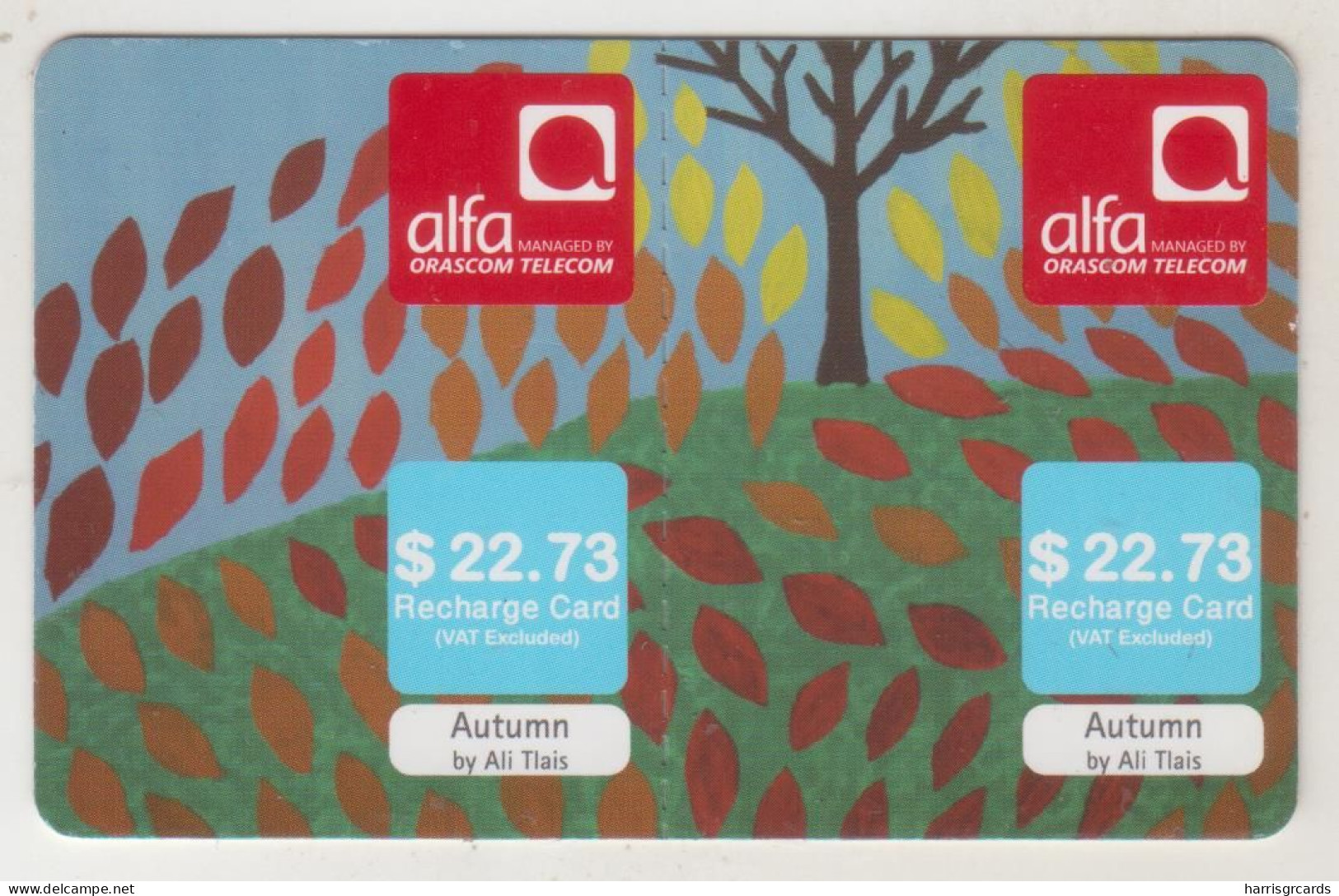 LEBANON - Autumn (Half Size X2) , Alfa Recharge Card 22.73$, Exp.date 23/08/14, Used - Libanon