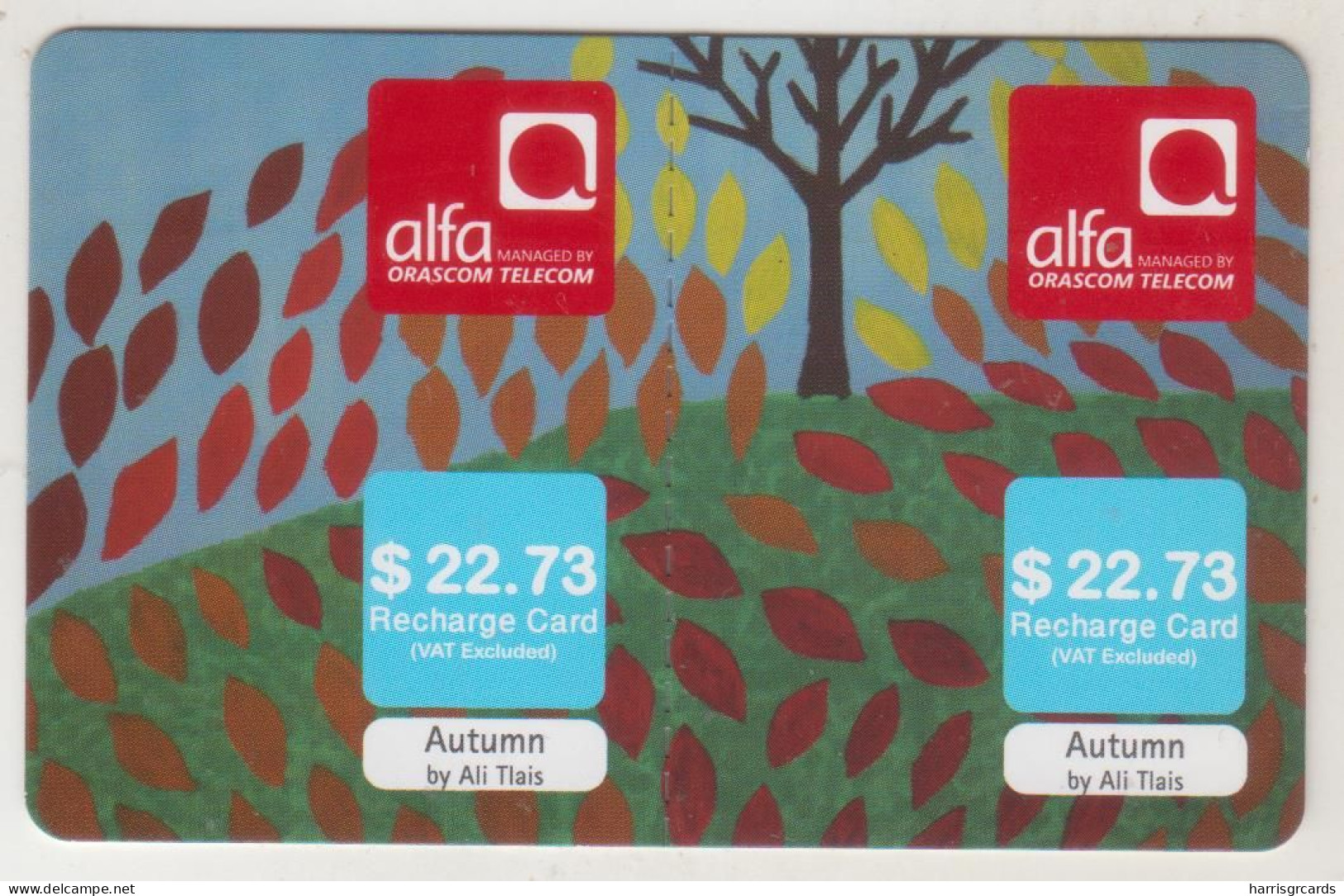 LEBANON - Autumn (Half Size X2) , Alfa Recharge Card 22.73$, Exp.date 15/11/14, Used - Lebanon