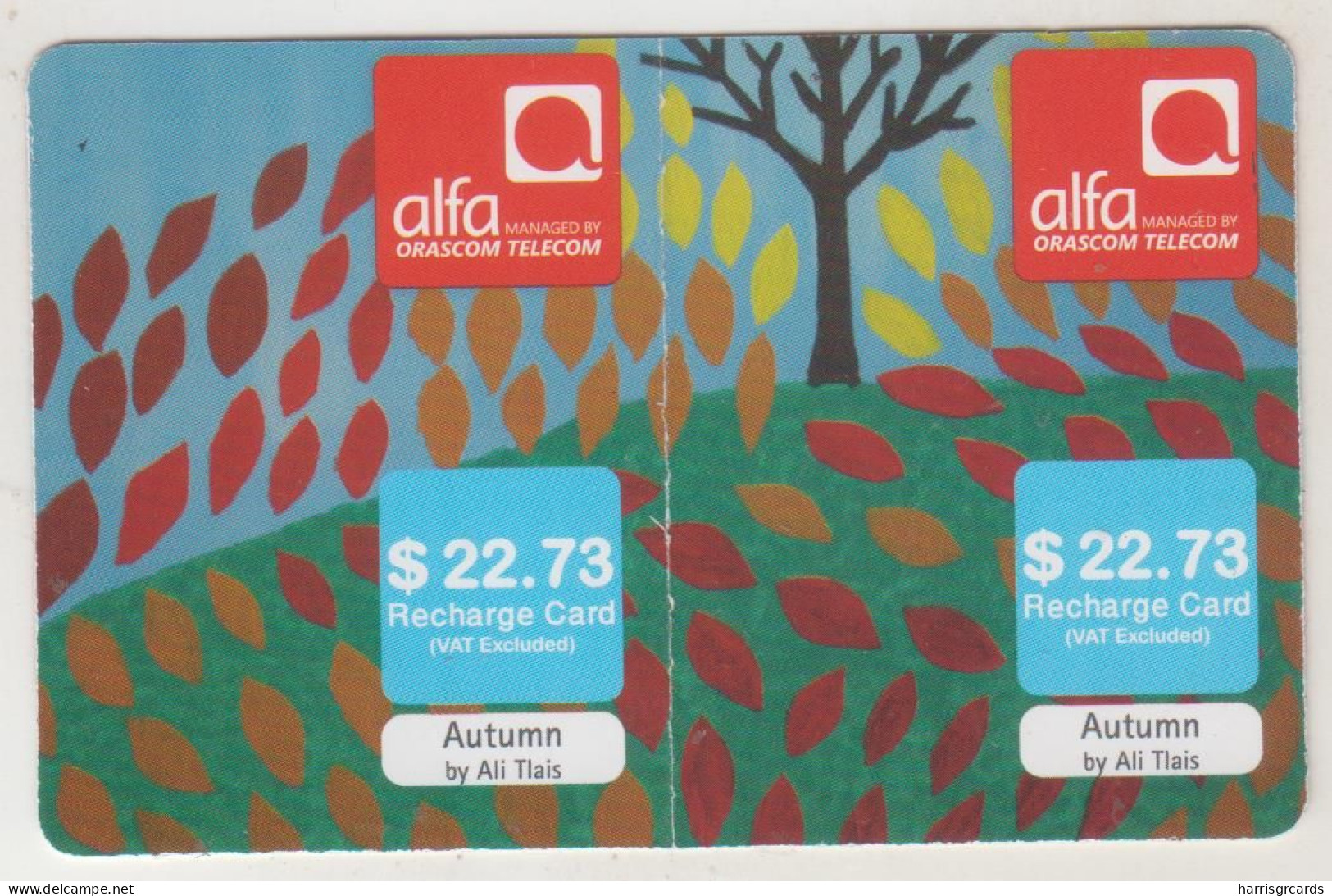 LEBANON - Autumn (Half Size X2) , Alfa Recharge Card 22.73$, Exp.date 24/05/15, Used - Líbano