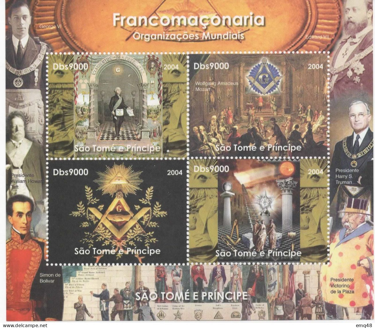 190 - FRANC-MAÇONNERIE - MASONIC : 4 Timbres Sur Feuillet Complet Sao Tomé : Nombreux Symboles - Franc-Maçonnerie