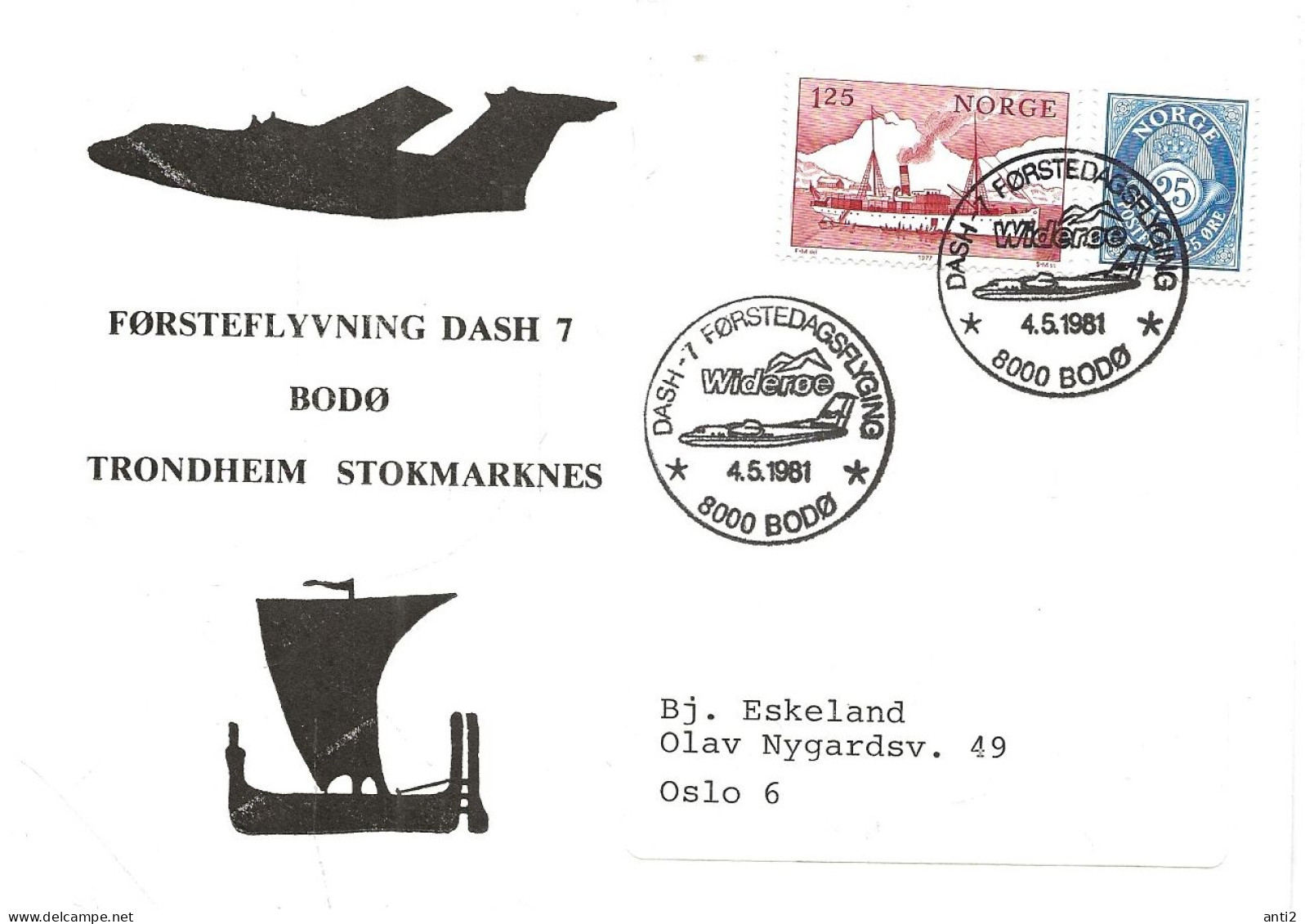 Norge Norway 1981 Frist Flight Cover DASH 7 Bodæ-Trondheim-Stokmarknes- Cancelled 4.5.81 - Covers & Documents