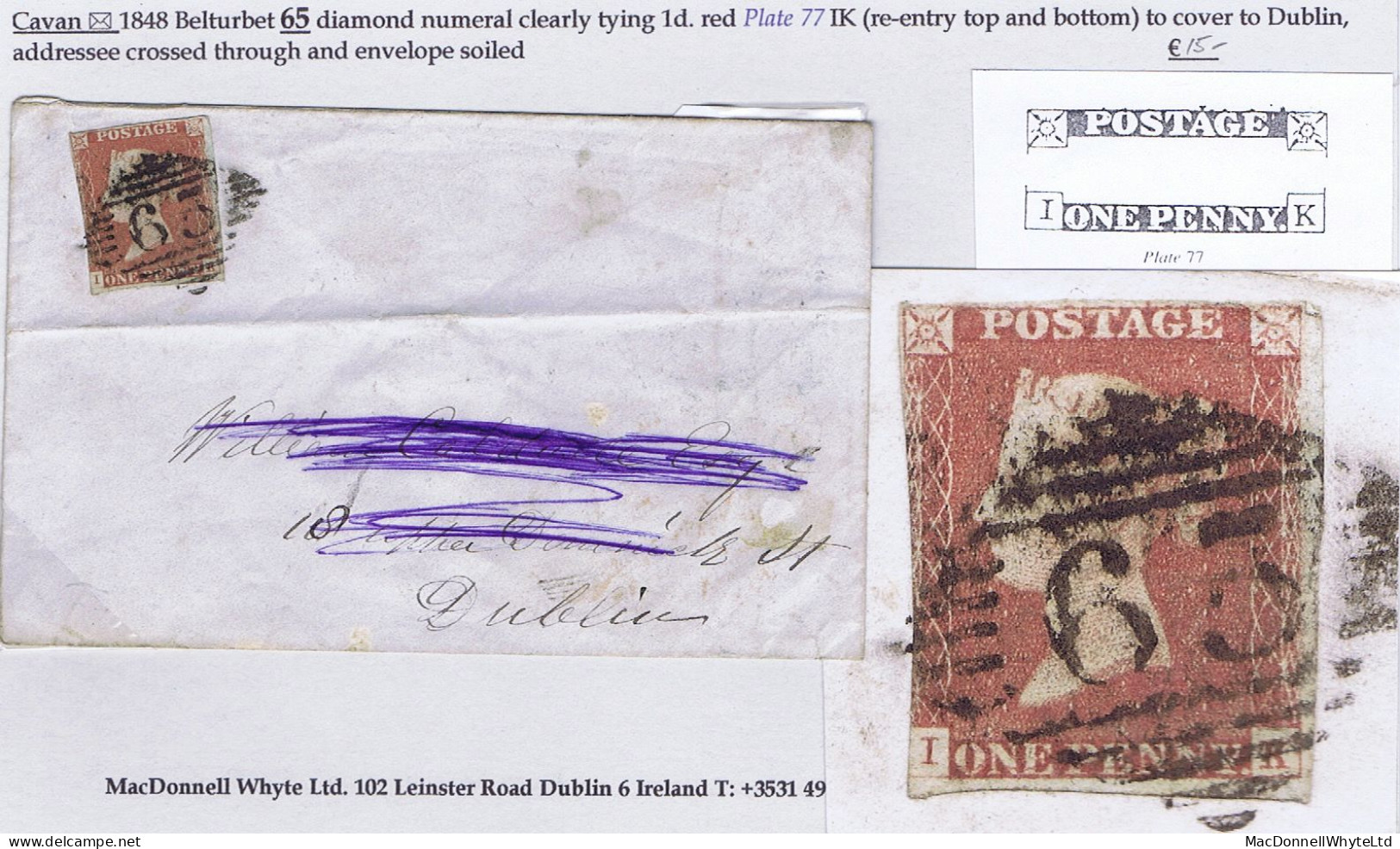 Ireland Cavan 1848 Cover To Dublin With 1d Red Plate 77 IK (Re-entry) Tied Belturbet "65" Diamond, BELTURBET NO 27 1844 - Timbres-taxe