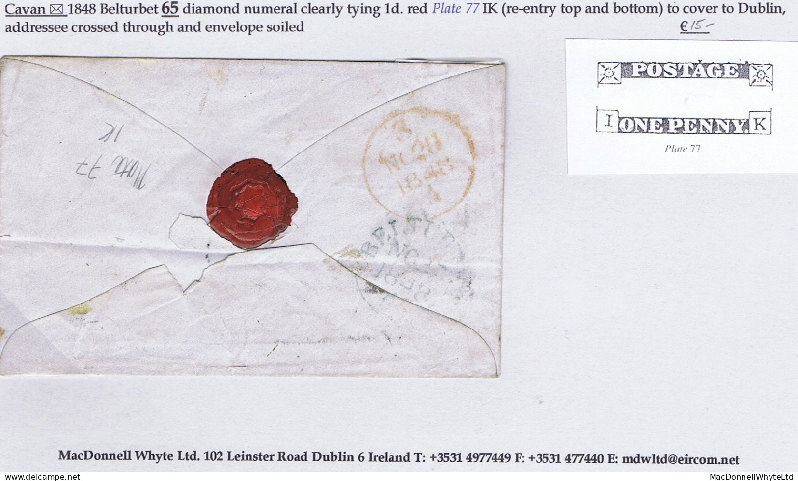 Ireland Cavan 1848 Cover To Dublin With 1d Red Plate 77 IK (Re-entry) Tied Belturbet "65" Diamond, BELTURBET NO 27 1844 - Timbres-taxe