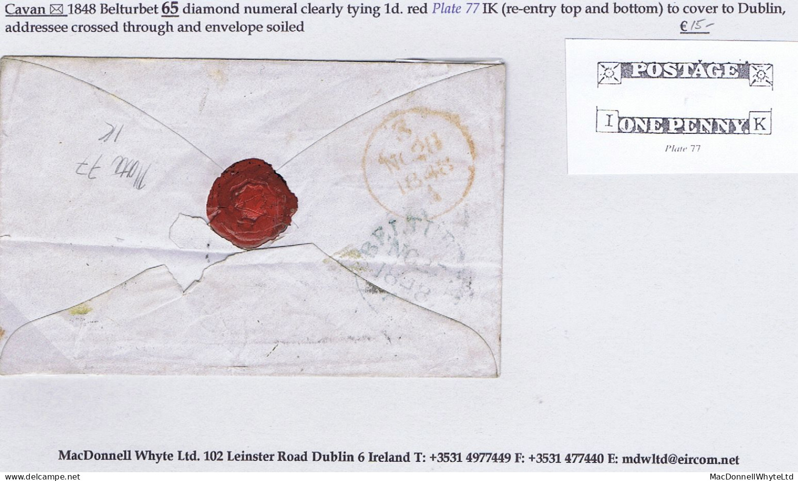 Ireland Cavan 1848 Cover To Dublin With 1d Red Plate 77 IK (Re-entry) Tied Belturbet "65" Diamond, BELTURBET NO 27 1844 - Impuestos