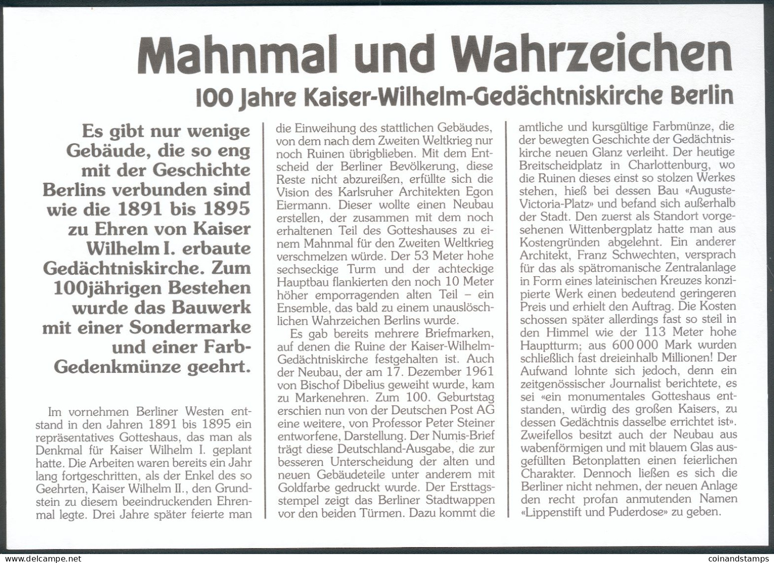 New Guinea 1000 FRANCS 1994 Colorcoin "100 Year's Of Berlin Kaiser-Wilhelm-Gedächniskirche" UNC. + Zertifikat - Guinea Bissau