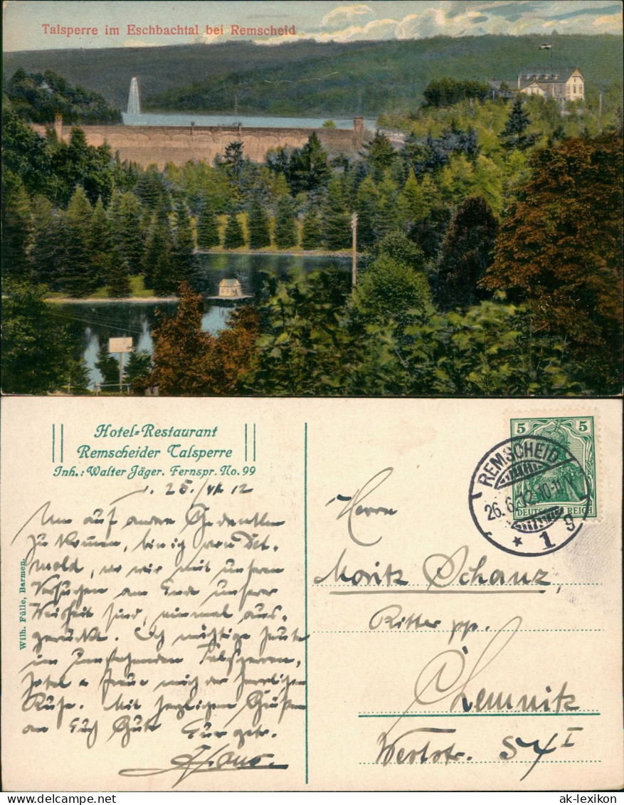Ansichtskarte Remscheid Talsperre Im Eschbachtal 1912 - Remscheid