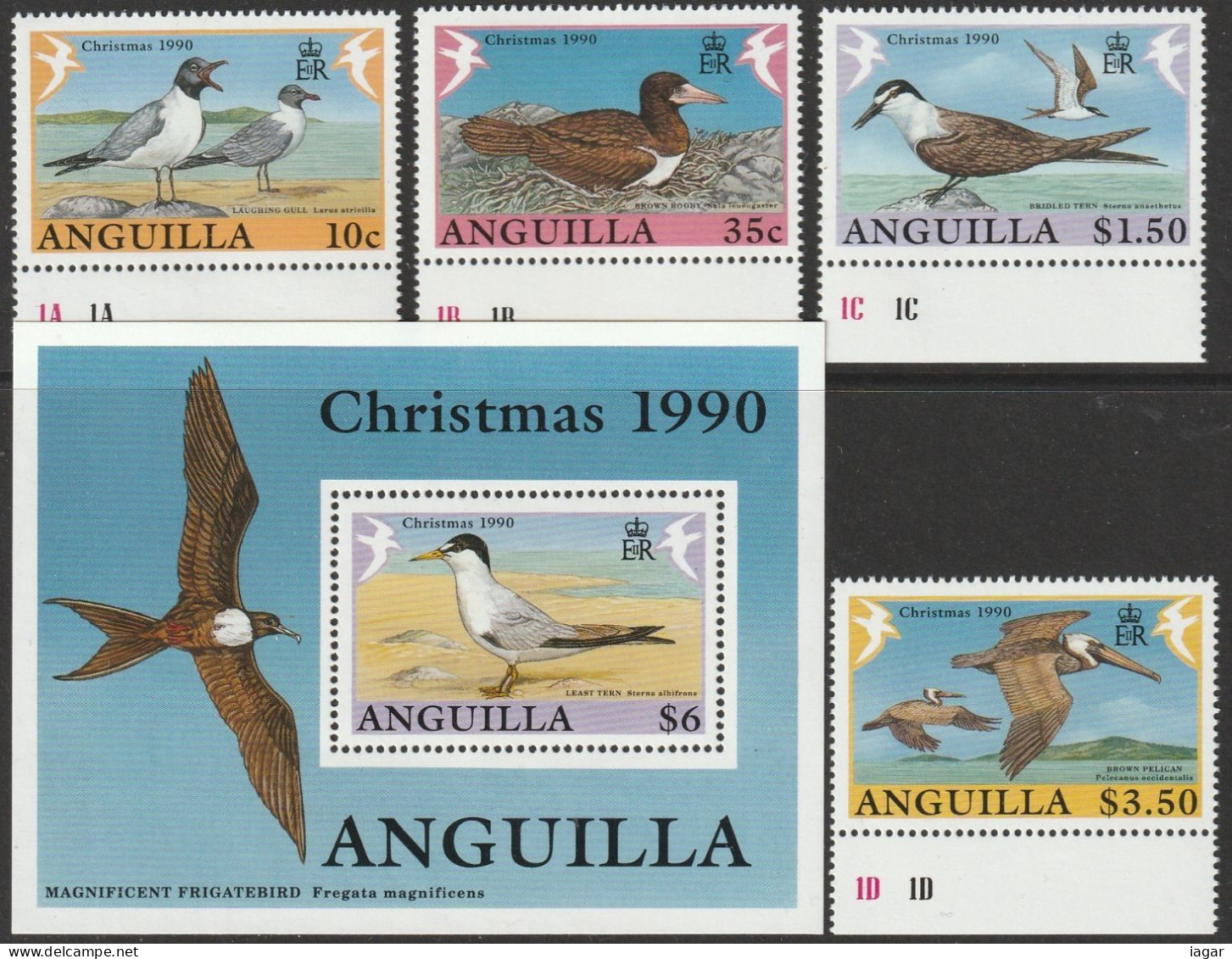 THEMATIC FAUNA:   SEA BIRDS. LAUGHING GULLS, BROWN BOOBY, BRIDLED TERN, BROWN PELICAN, LEAST TERN   - 4v+BF -   ANGUILLA - Albatros & Stormvogels