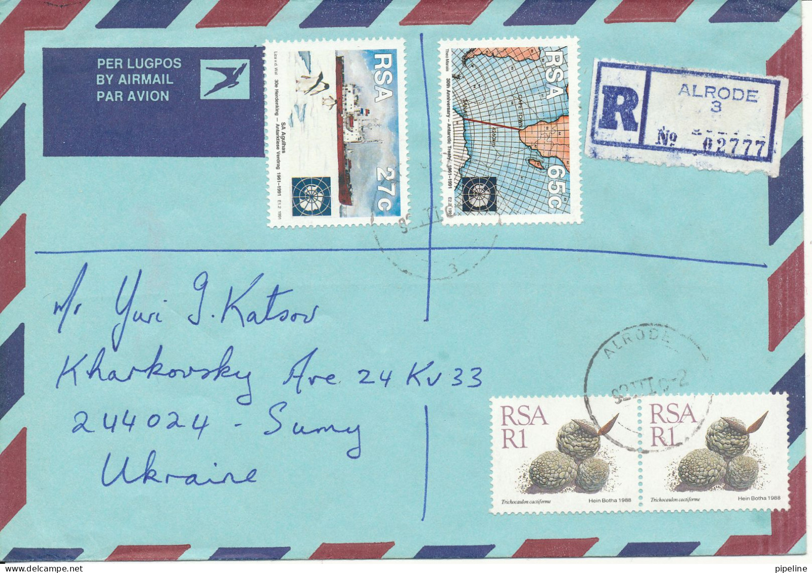 South Africa RSA Registered Air Mail Cover Sent To Ukraine 1992 - Storia Postale