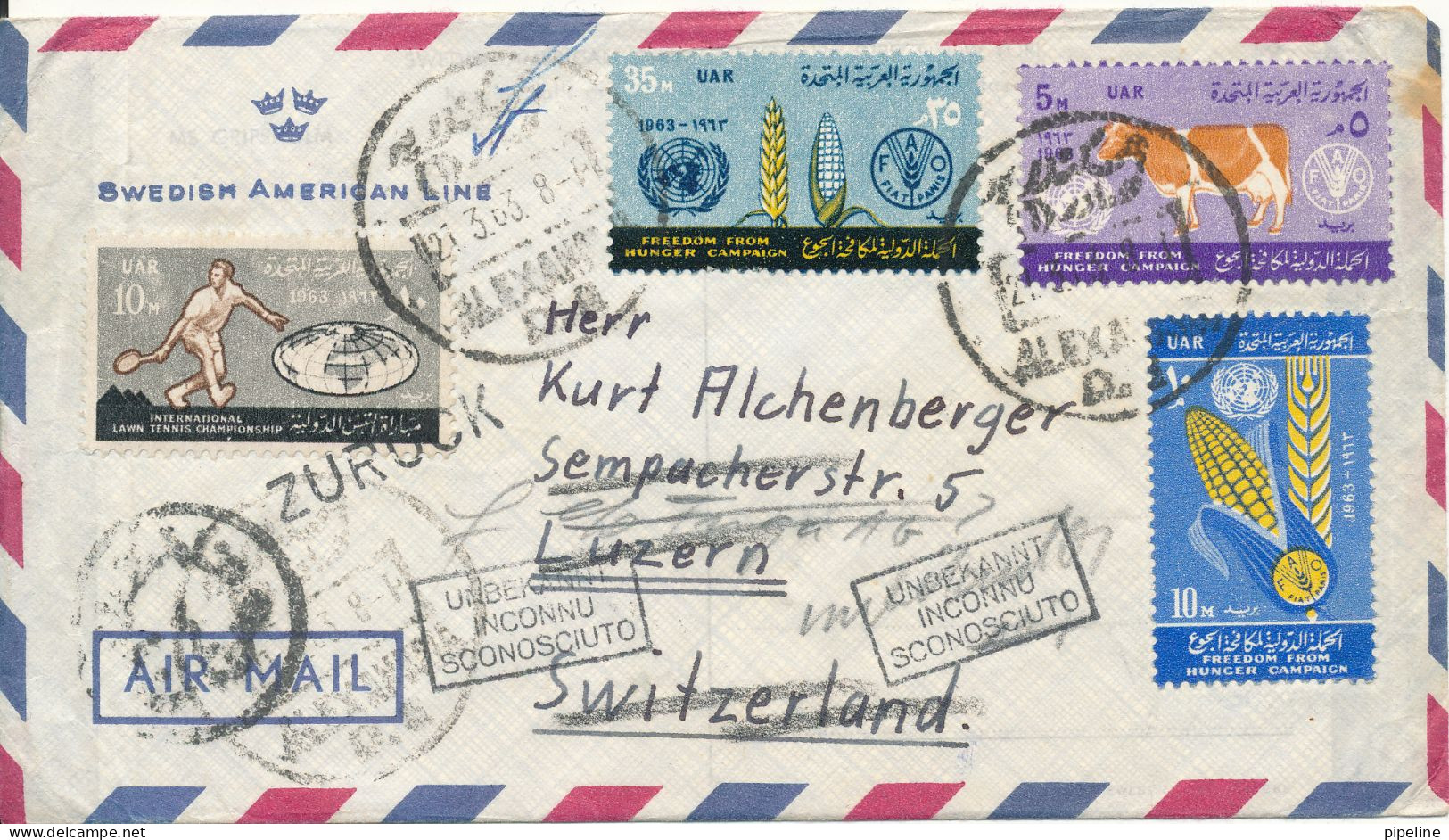 UAR Egypt Air Mail Cover Sent To Switzerland 21-3-1963 And Returned Because Of Unknown Address (Swedish American Line) - Poste Aérienne