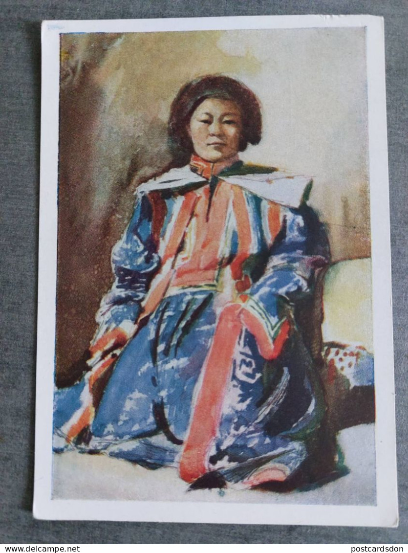 Mongolia -  Woman In Mongolian Folk Costume-- Rare Old Soviet Postcard 1959 - Mongolie