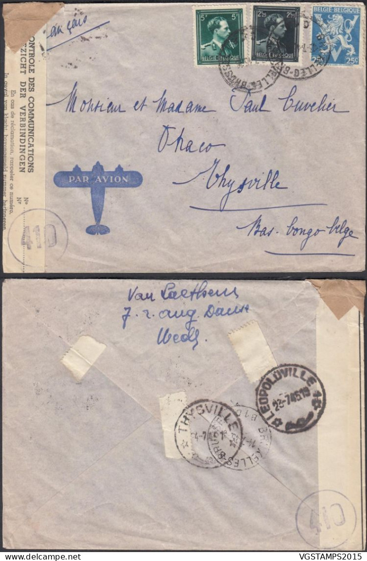 Congo Belge 1945 - Lettre Par Avion De Bruxelles à Destination Thysville-Bas Congo Belge. Censurée... (EB) DC-12465 - Used Stamps