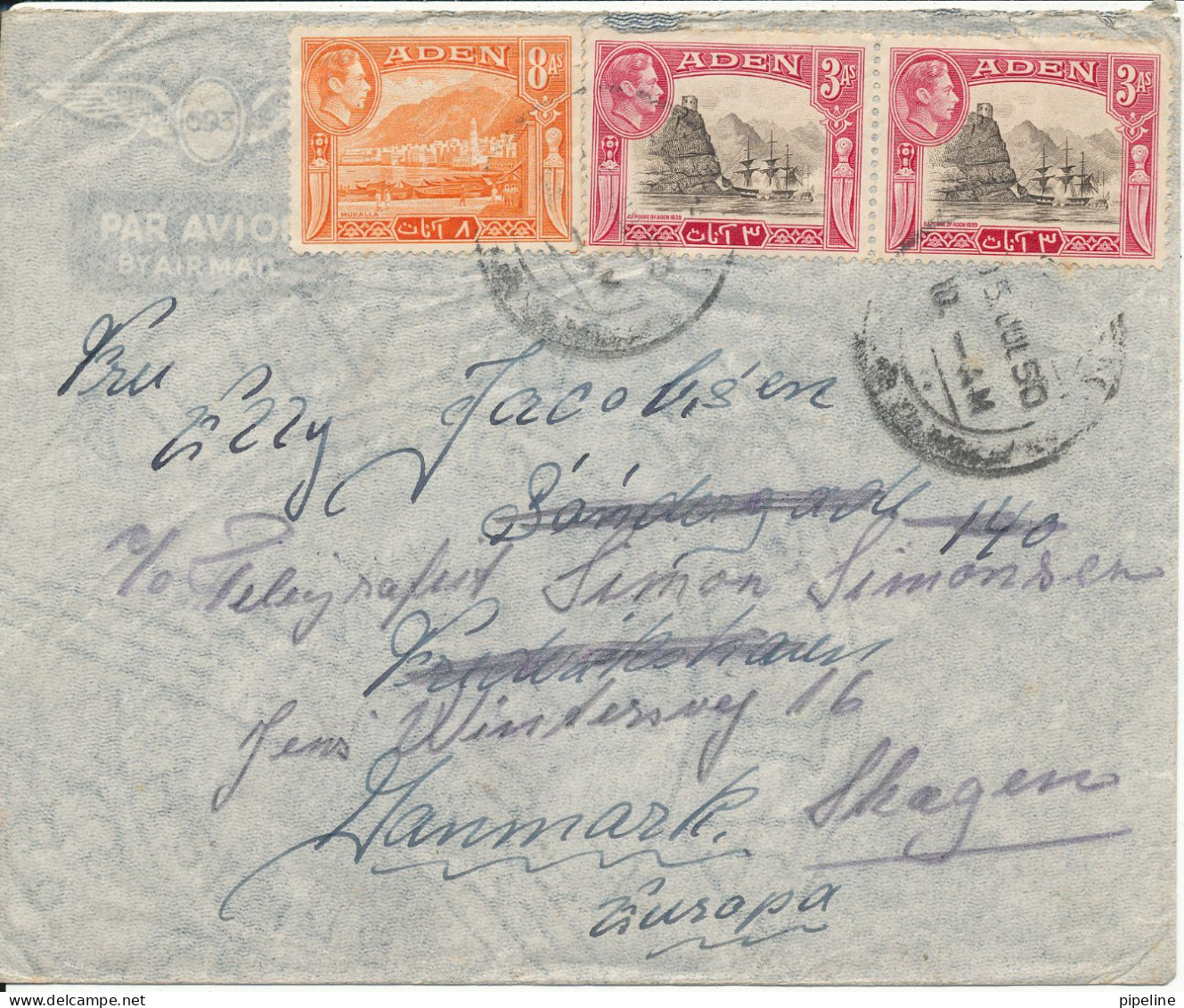 Aden Cover Sent To Denmark 15-7-1950 - Aden (1854-1963)