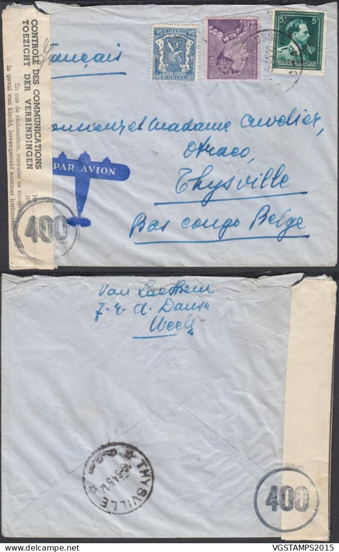 Belgique 1945 - Lettre Par Avion  D' Uccle à Destination Thysville-Bas Congo Belge. Censurée. "Poortman".. (EB) DC-12469 - Oblitérés