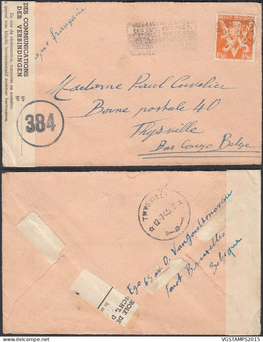 Belgique 1945 - Lettre De Bruxelles à Destination Thysville-Bas Congo Belge. Censurée.Série "V" De Londres (EB) DC-12470 - Oblitérés