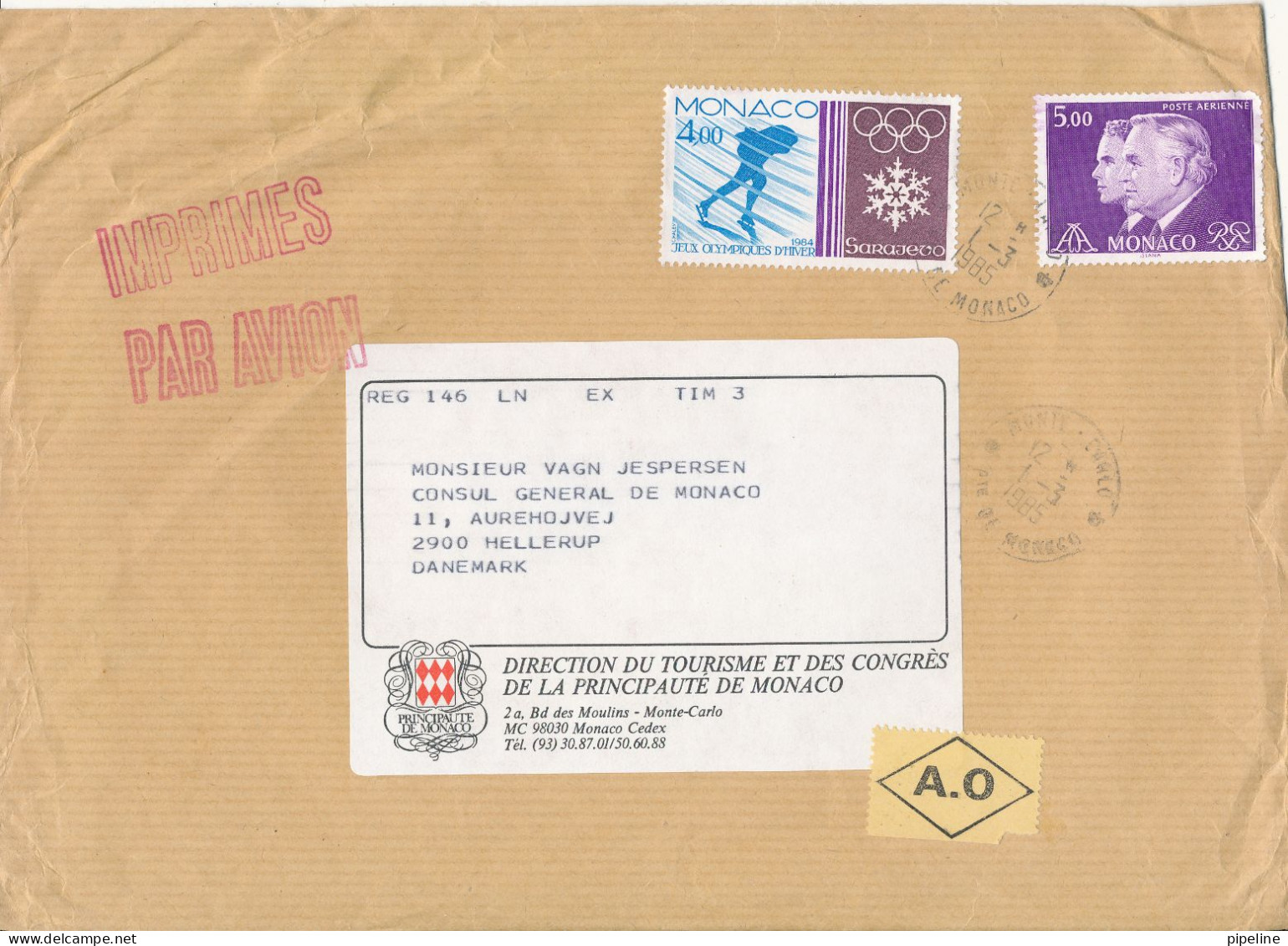 Monaco Cover Sent To Denmark 1-3-1985  (the 5 Fr. Stamp Is Damaged) Big Size Cover - Brieven En Documenten