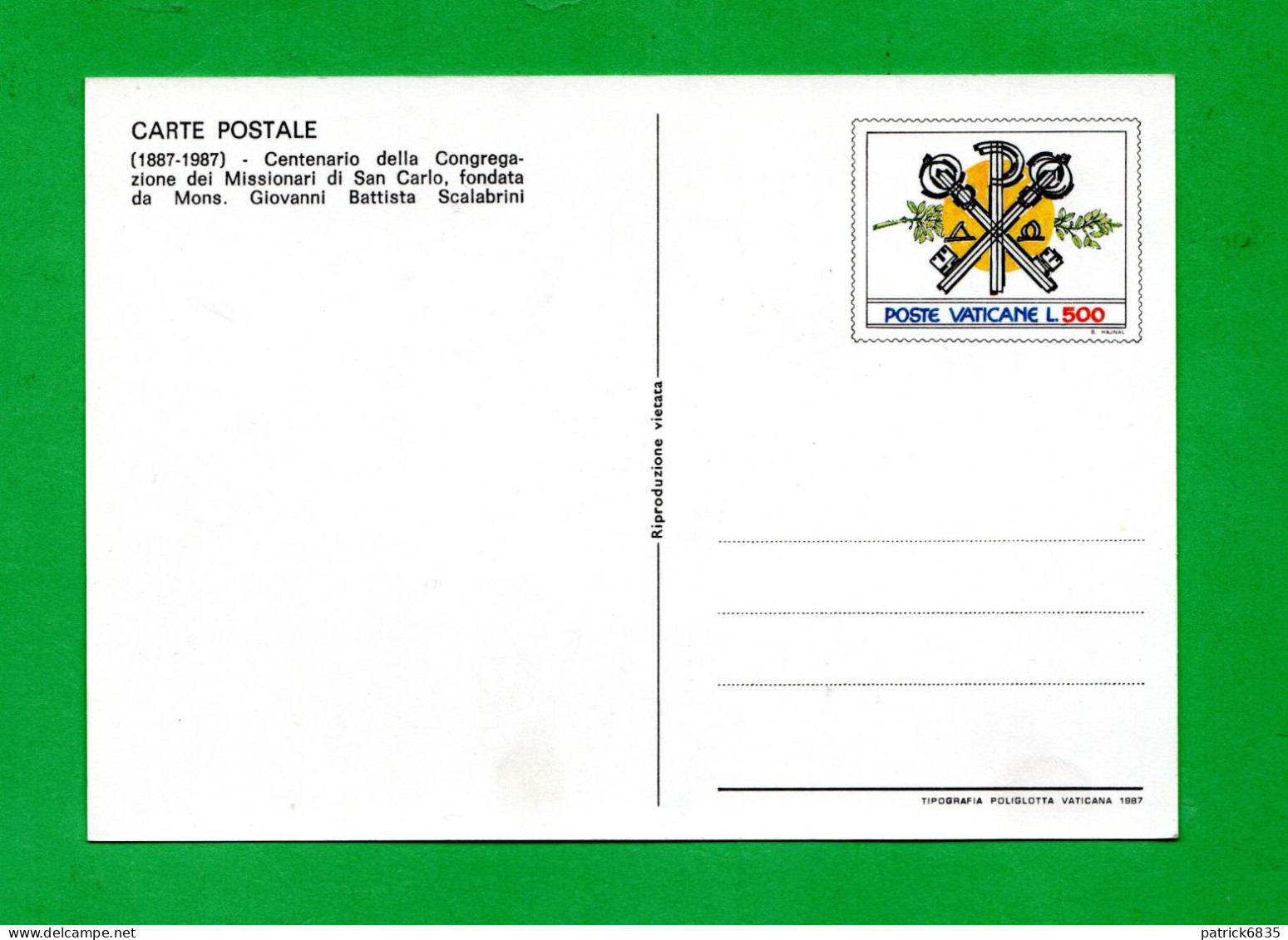 (ScC) Vaticano **- Cartolina Postale 1987- Centenario Congregazione Dei Missionari Di S. Carlo - Interi Postali