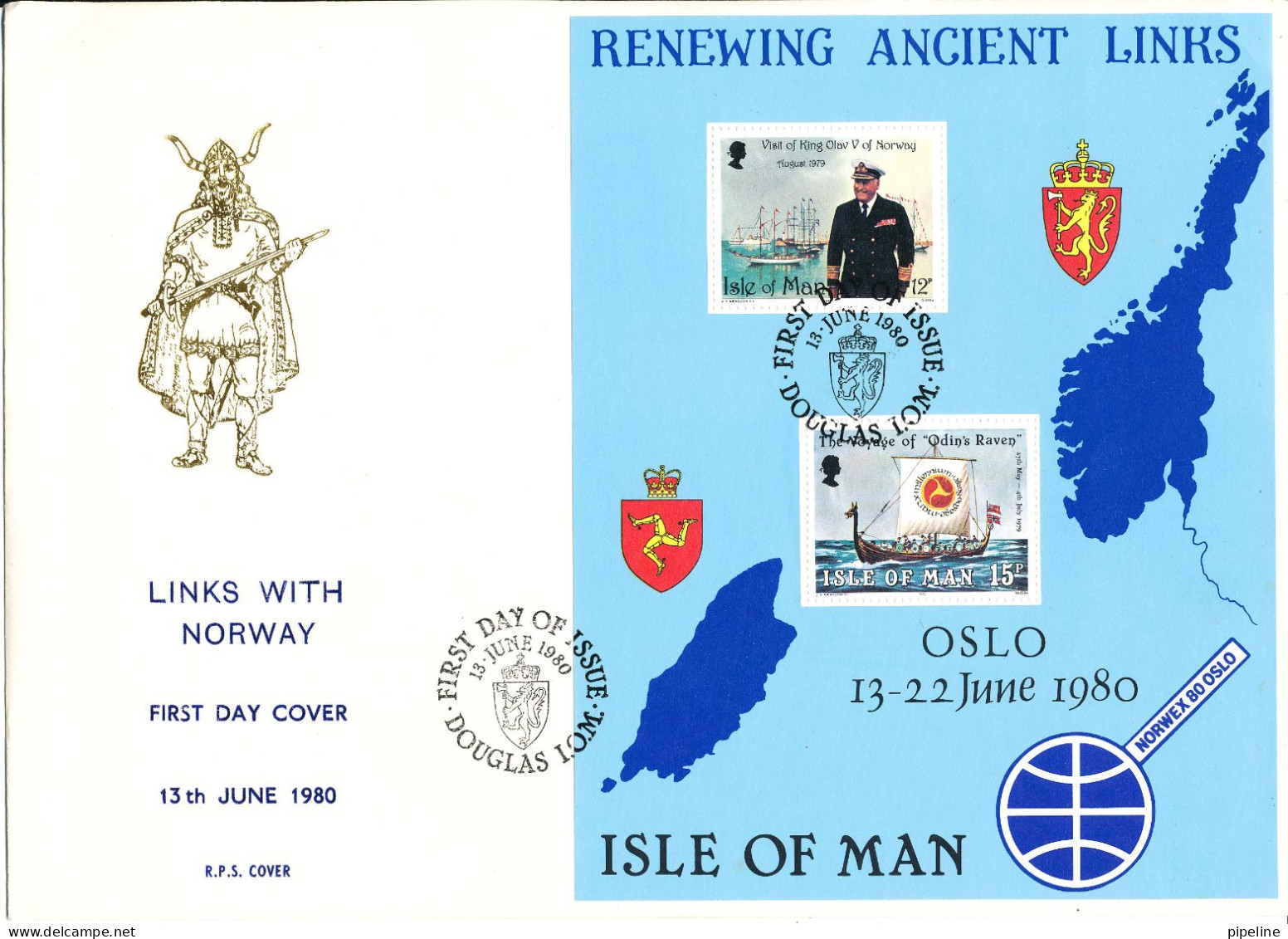 Isle Of Man FDC 13-6-1980 Miniature Sheet Visit Of King Olav V. Of Norway (big Size Cover) - Man (Ile De)