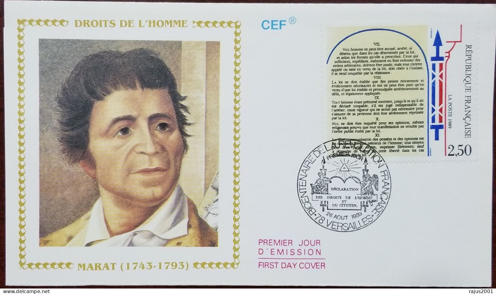 Jean Paul Marat, French Physician, Scientist, Human Rights, Seeing Eye, Masonic, Mason, Freemasonry, France FDC - Francmasonería