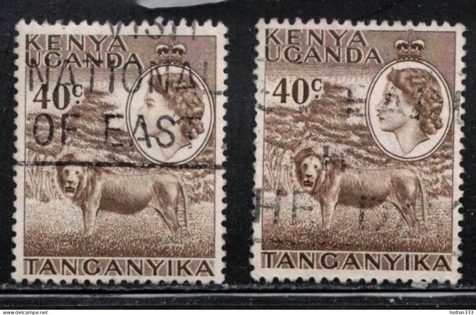 KENYA, UGANDA & TANGANYIKA Scott # 109 Used X 2 - QEII & Lion - Kenya, Ouganda & Tanganyika