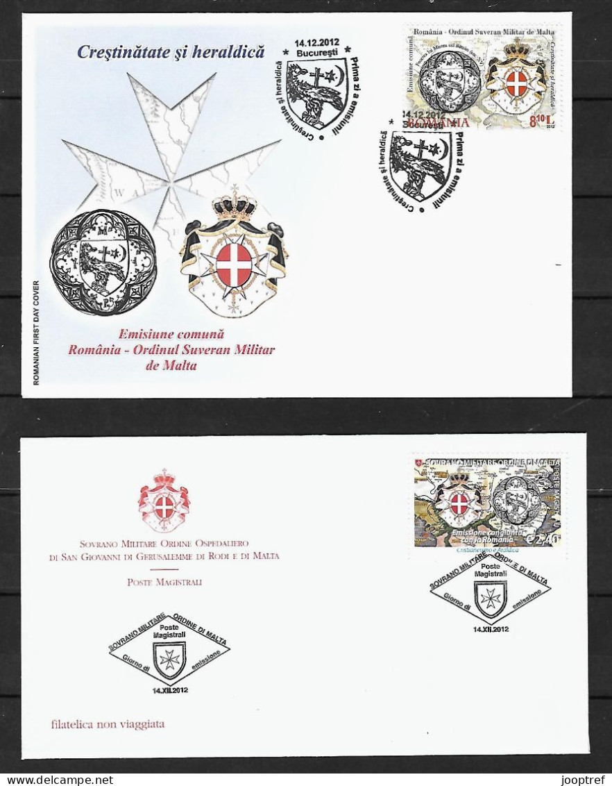 2012 Joint Romania And Sovereign Order Of Malta,BOTH OFFICIAL FDC'S: Friendship / Coat Of Arms - Emissions Communes