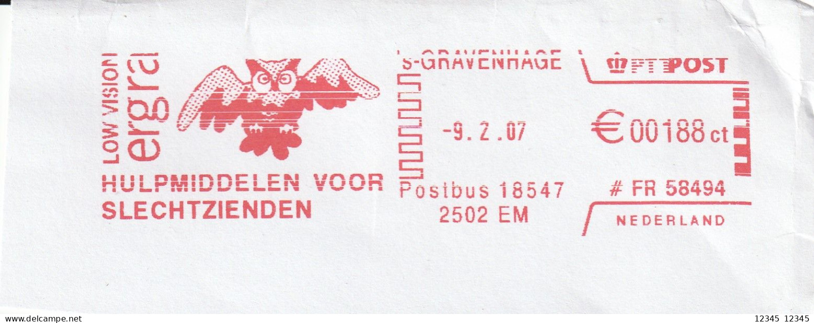 Nederland 2007, Aids For The Visually Impaired, Owl - Franking Machines (EMA)