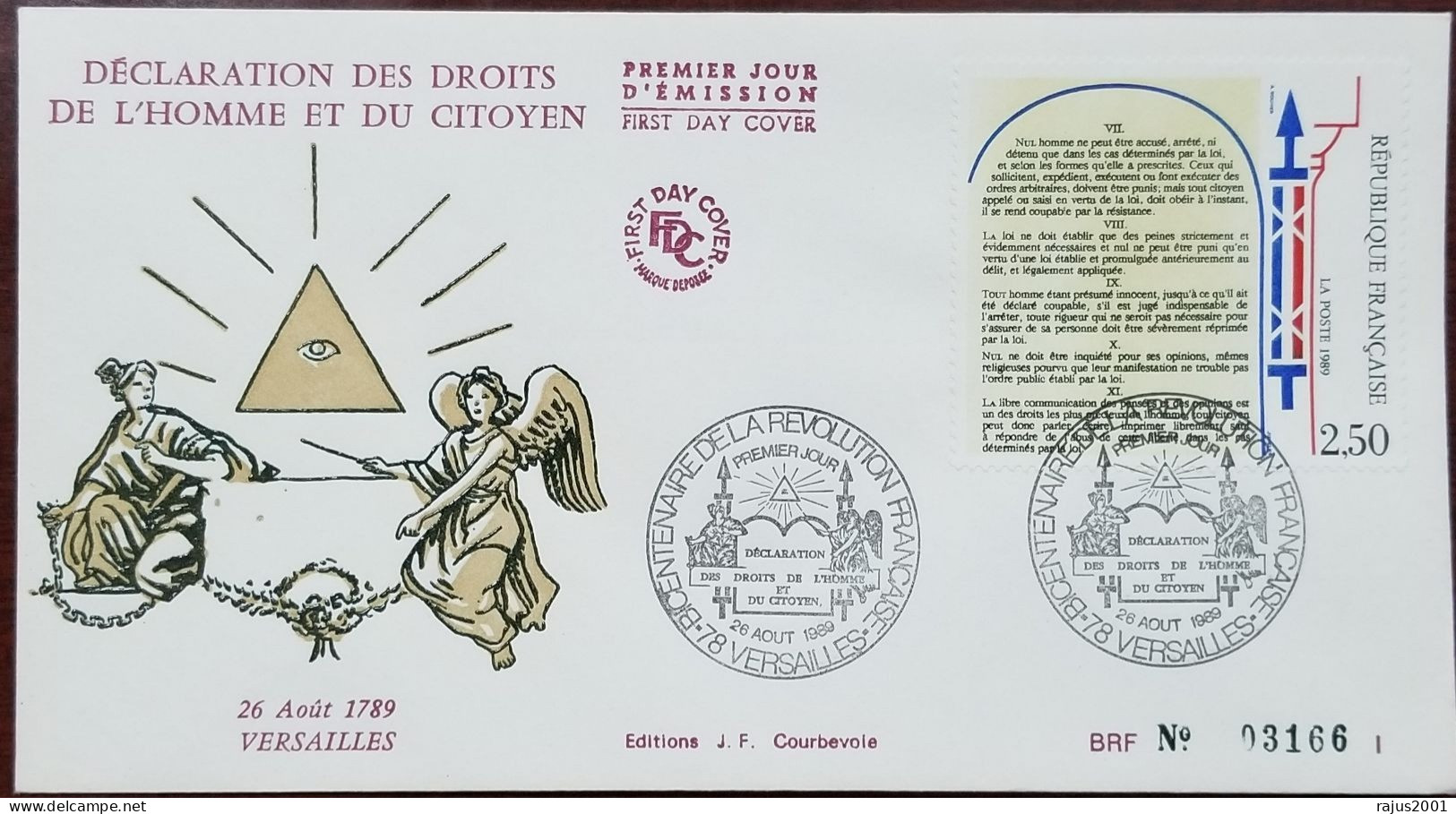 Declaration Of Human And Citizen's Rights, Seeing Eye, Masonic, Mason, Freemasonry, France FDC - Massoneria