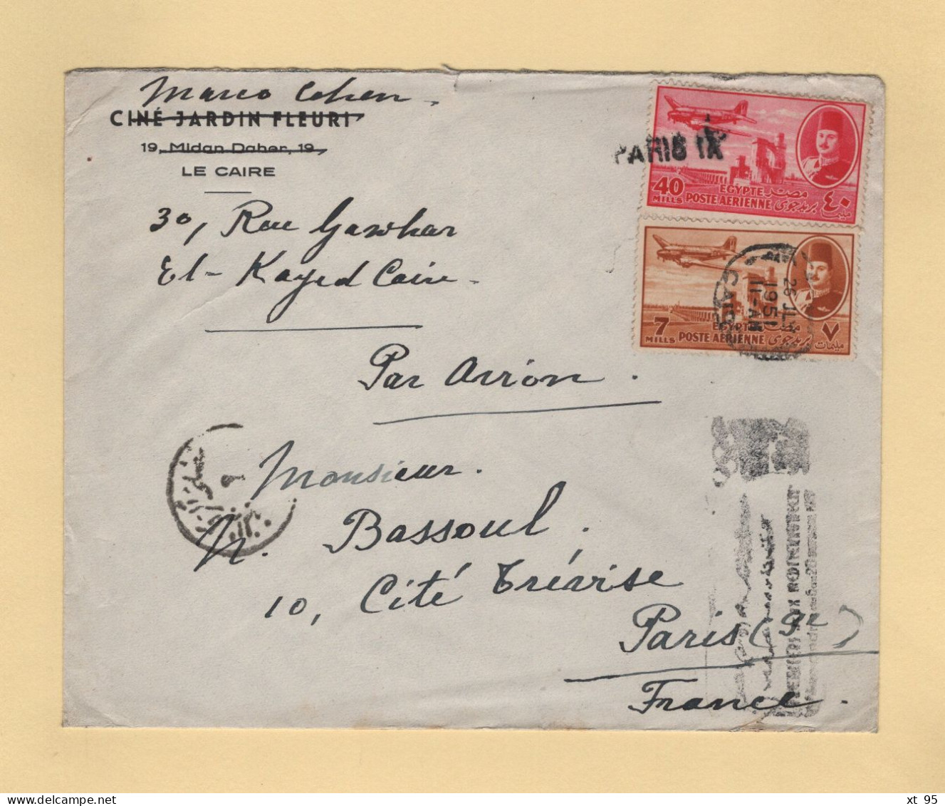 Egypte - Le Caire - Par Avion Destination France - Griffe Paris IX - Covers & Documents