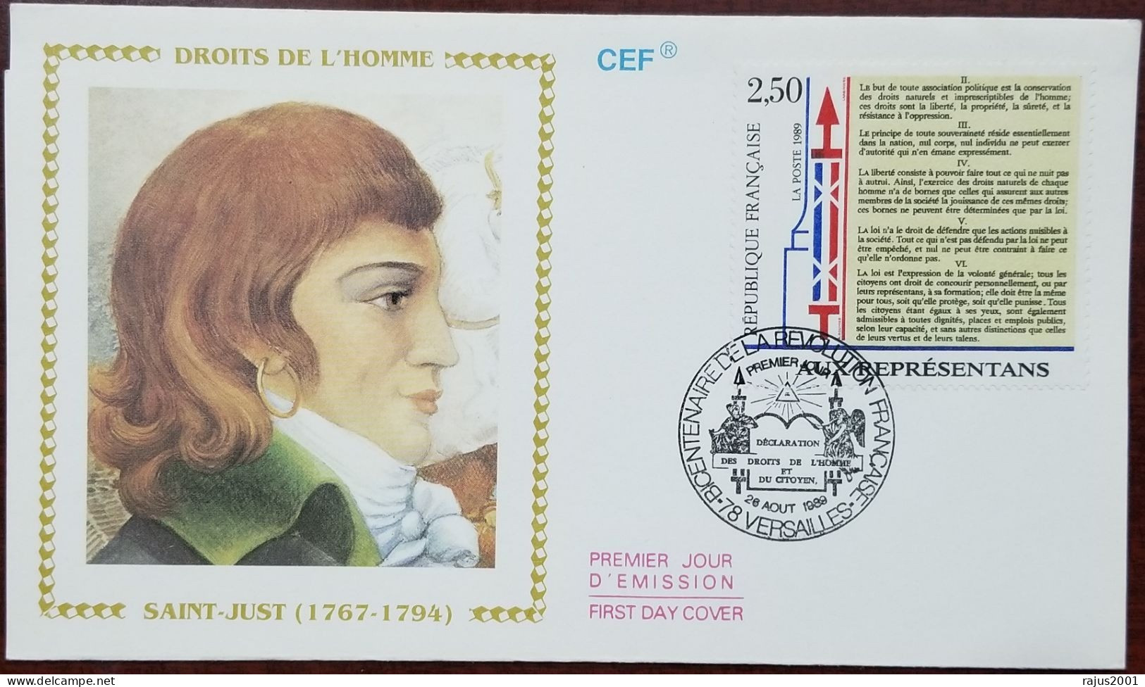 Louis Antoine Saint Just, Declaration Of Human And Citizen's Rights, Seeing Eye, Masonic, Mason, Freemasonry, France FDC - Francmasonería