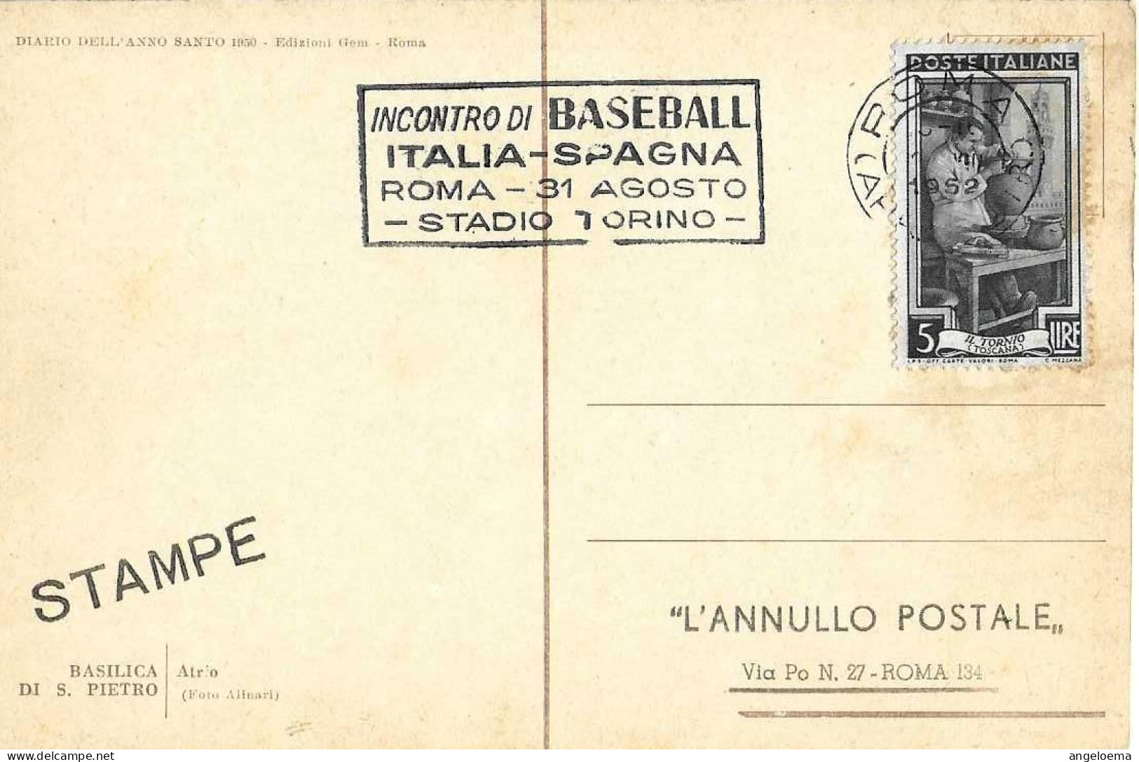 ITALIA ITALY - 1952 ROMA Incontro Di Baseball ITALIA-SPAGNA 3-7 Prima Partita Della Nazionale - Annullo Targhetta -10689 - Honkbal