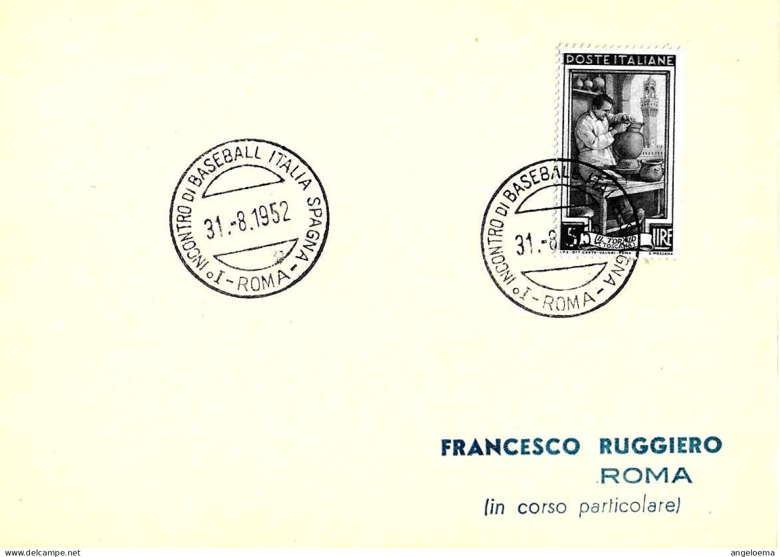 ITALIA ITALY - 1952 ROMA Incontro Di Baseball ITALIA-SPAGNA 3-7 Prima Partita Della Nazionale - Annullo Manuale -11270 - Base-Ball