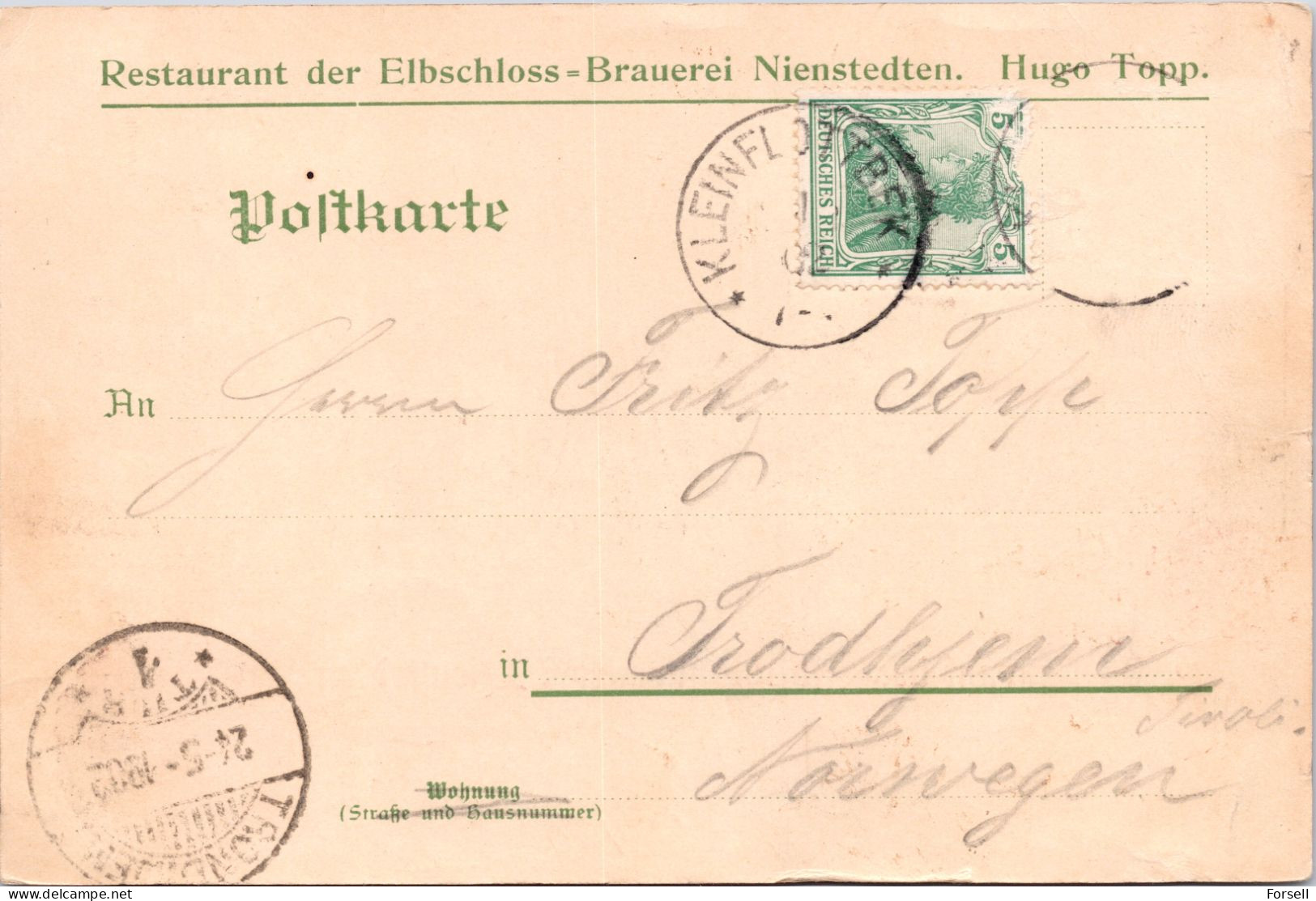 Restaurant Der Elbschlossbrauerei Nienstedten (Stempel: Kleinflottbek 1902 , Nach Norwegen) - Altona