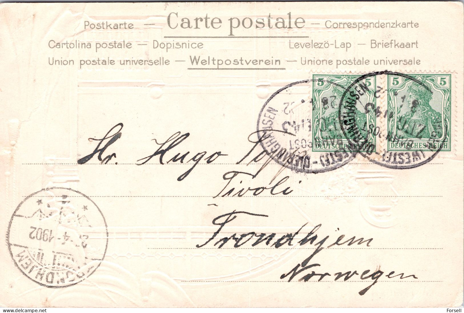 Hagen I. W. (Prägekarte) (Bahnpost Stempel: Hagen-Dieringhausen 1902 , Nach Norwegen) - Hagen