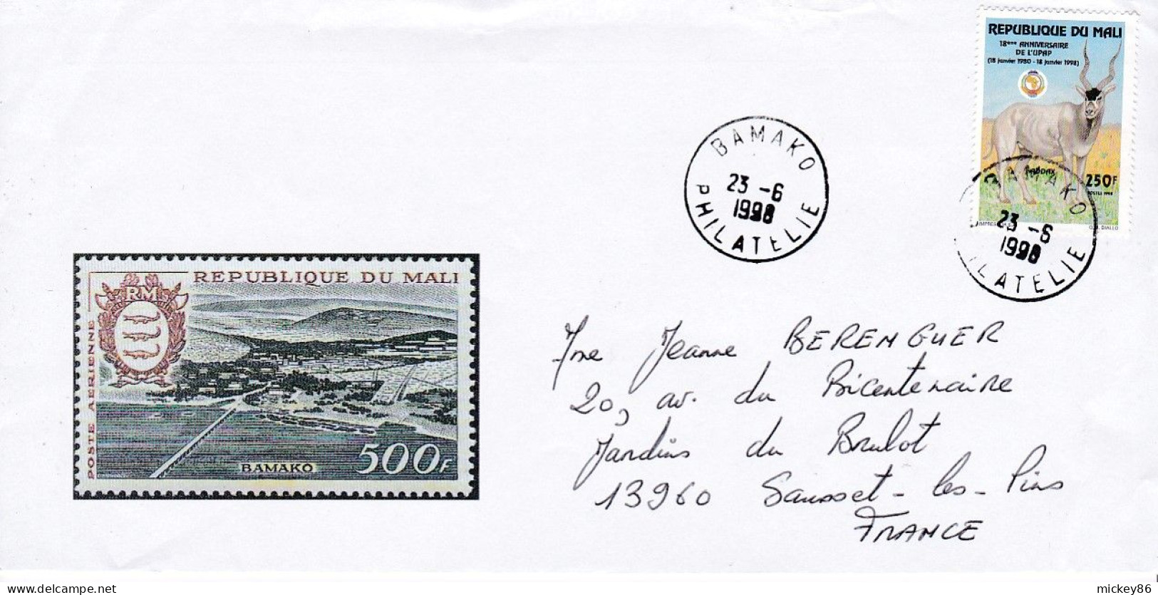 MALI - 1998--Lettre De BAMAKO  Pour SAUSSET LES PINS-13 (France) -timbre Animal Seul Sur Sur Lettre Illustrée - Malí (1959-...)