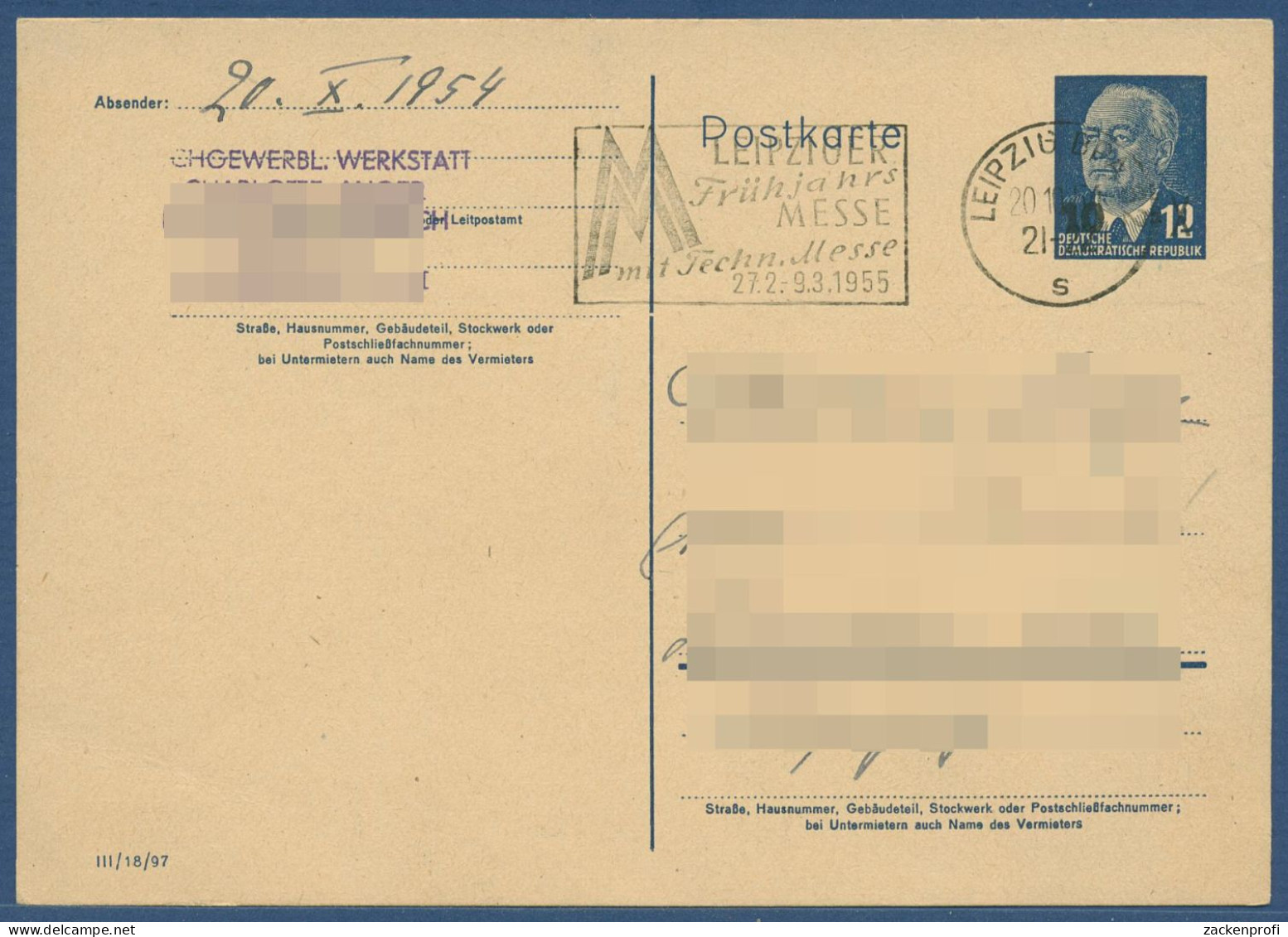 DDR 1954 Wilhelm Pieck Postkarte Neuer Wertaufdruck P 62 Gebraucht (X41001) - Postcards - Used