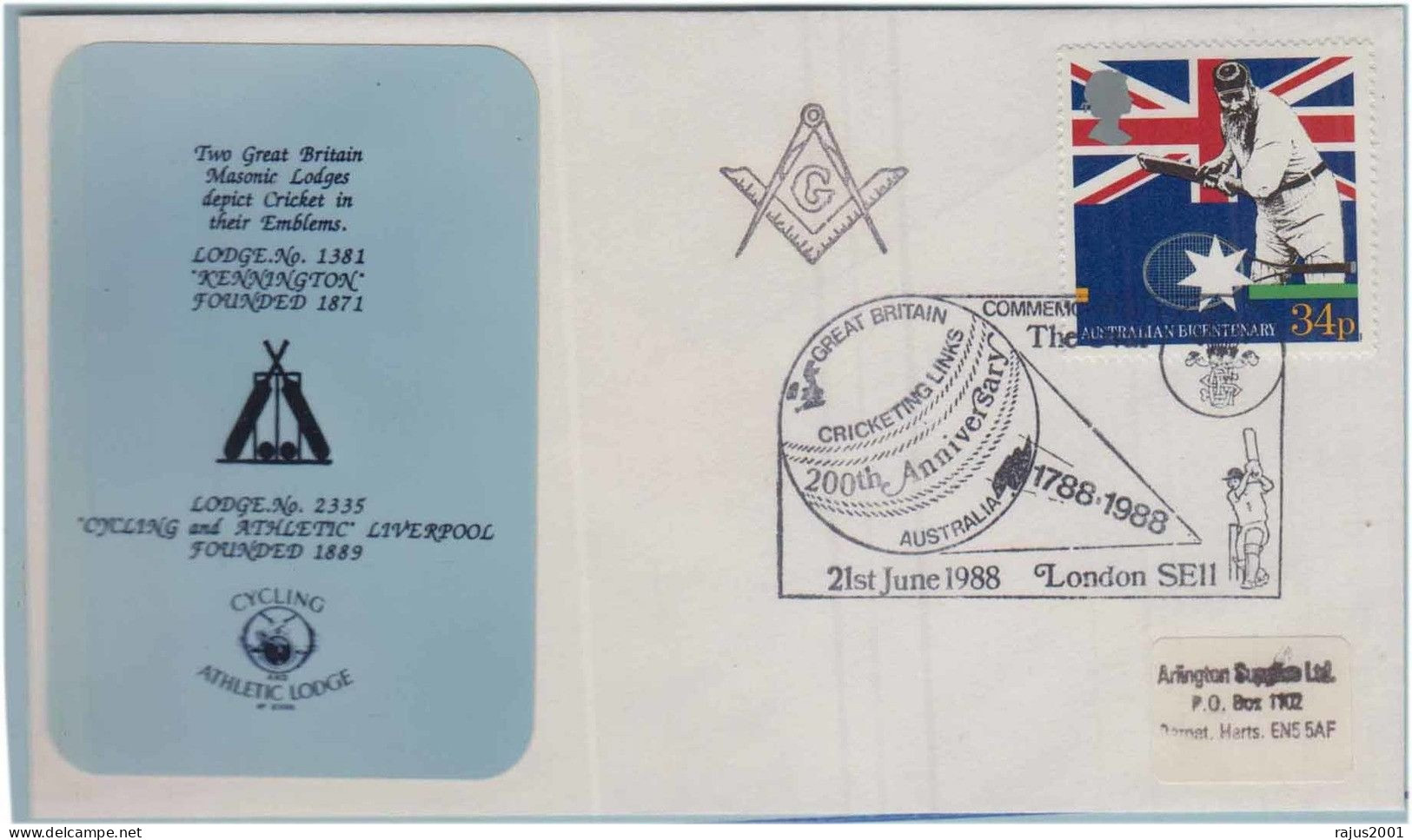 Kennington Lodge No 1381, Cycling And Athletic Lodge No 2335, Cricket Match Ball Bat Freemasonry Masonic Britain Cover - Vrijmetselarij