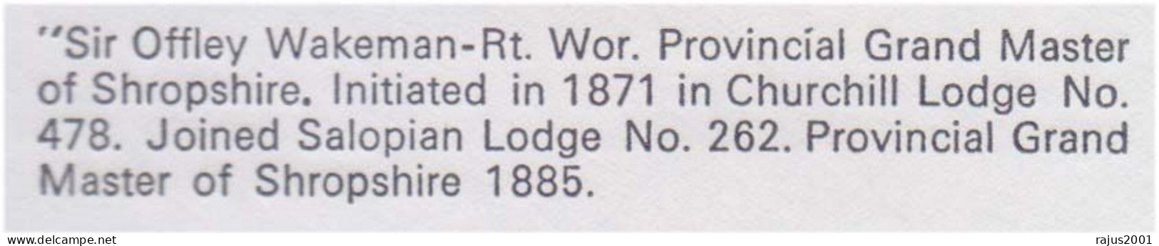 Sir Offley Wakeman Provincial Grand Lodge Of Shropshire, Lodge No 478, True Masonic, Freemasonry, Mason, Britain Cover - Vrijmetselarij