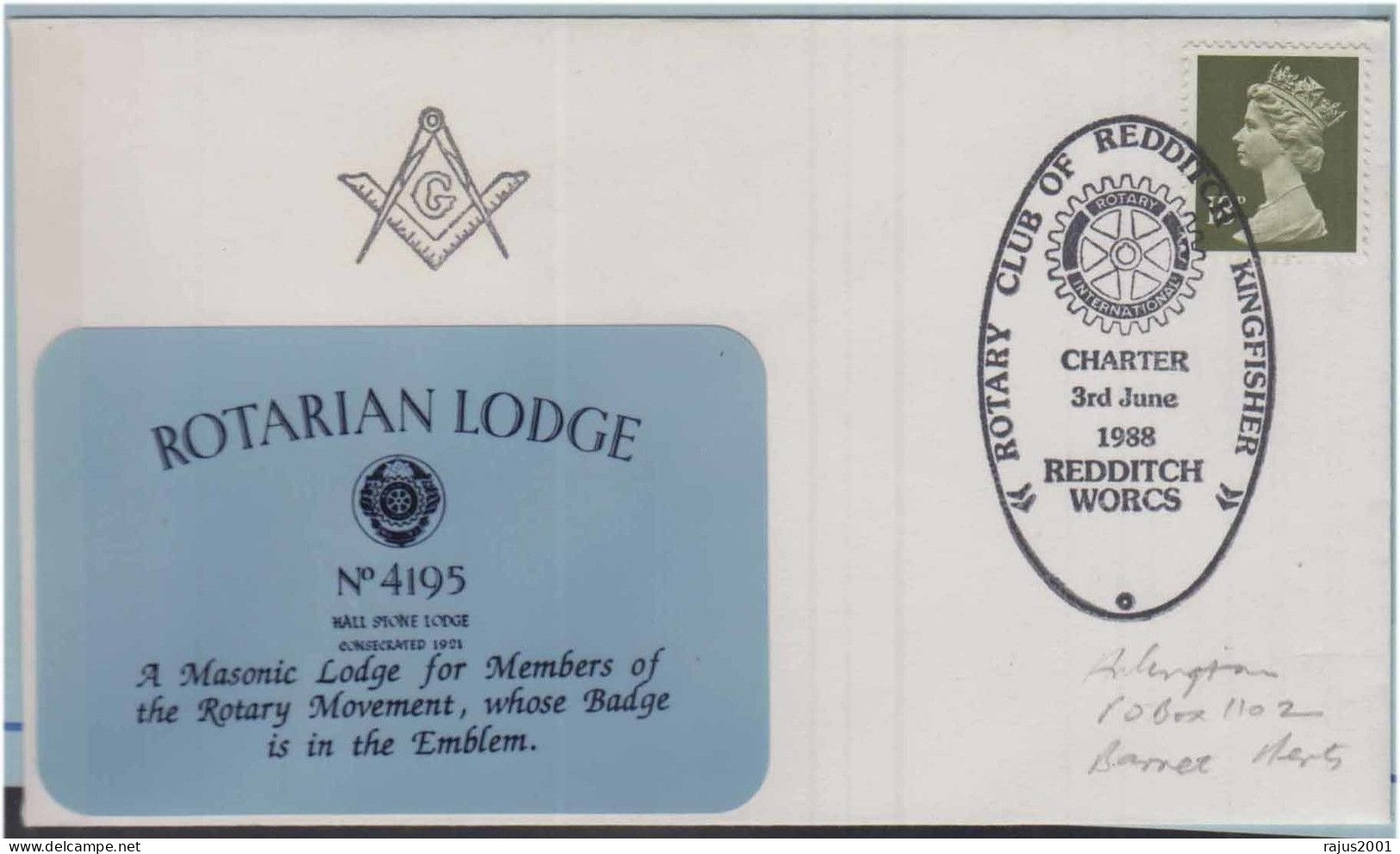 Rotarian Lodge No. 4195 Rotary Club Of Redditch Kingfisher, Freemasonry Masonic Great Britain Cover - Franc-Maçonnerie