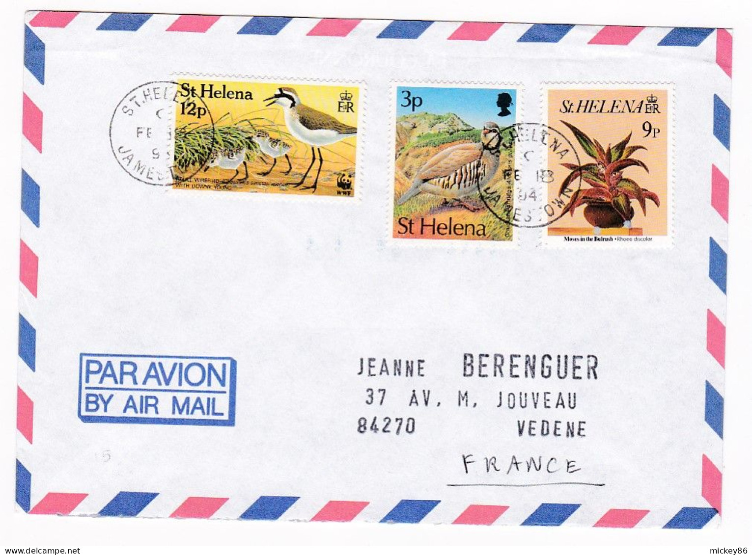 SAINTE HELENE -1994--Lettre JAMESTOWN  Pour VEDENE-84 (France) -timbres (oiseaux,fleur)... Cachet - Isola Di Sant'Elena