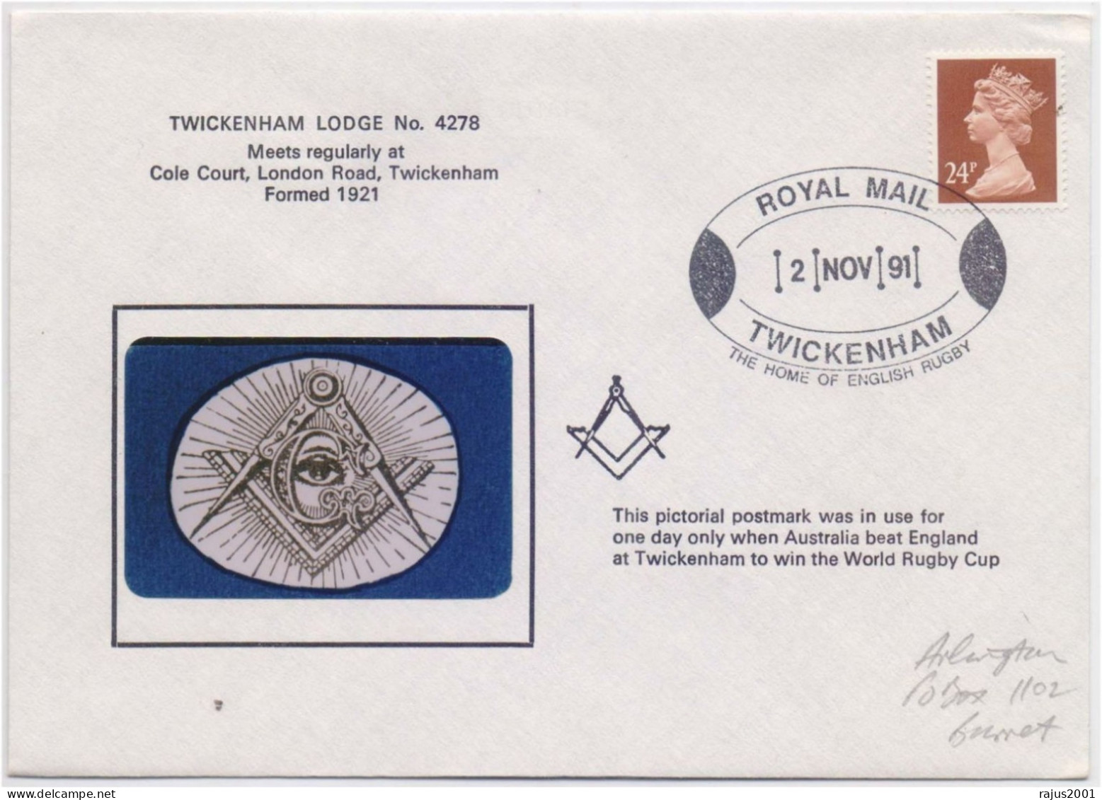 Twickenham Lodge No. 4278 Seeing Eye Pictorial Postmark Was In Use For One Day Only, Freemasonry Masonic Cover READ DESC - Vrijmetselarij