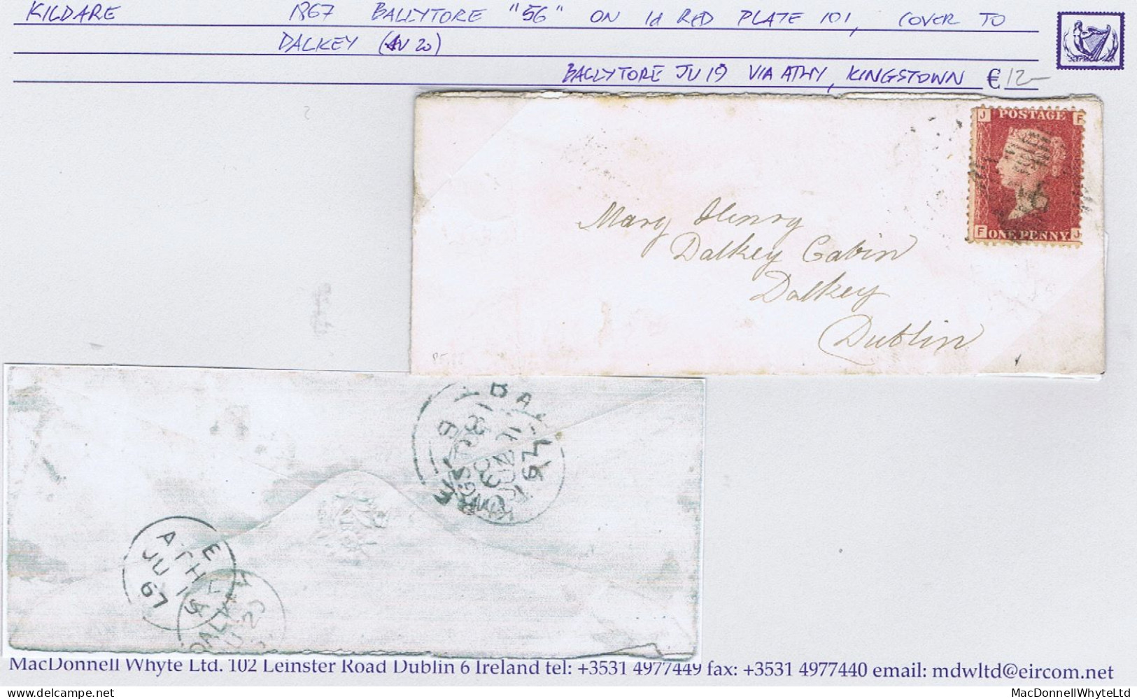 Ireland Kildare 1867 Neat Ladies' Env To Dalkey Cabin With 1d Red Plate 101 Tied "56" Diamond, BALLYTORE JU 19 1867 Cds - Portomarken