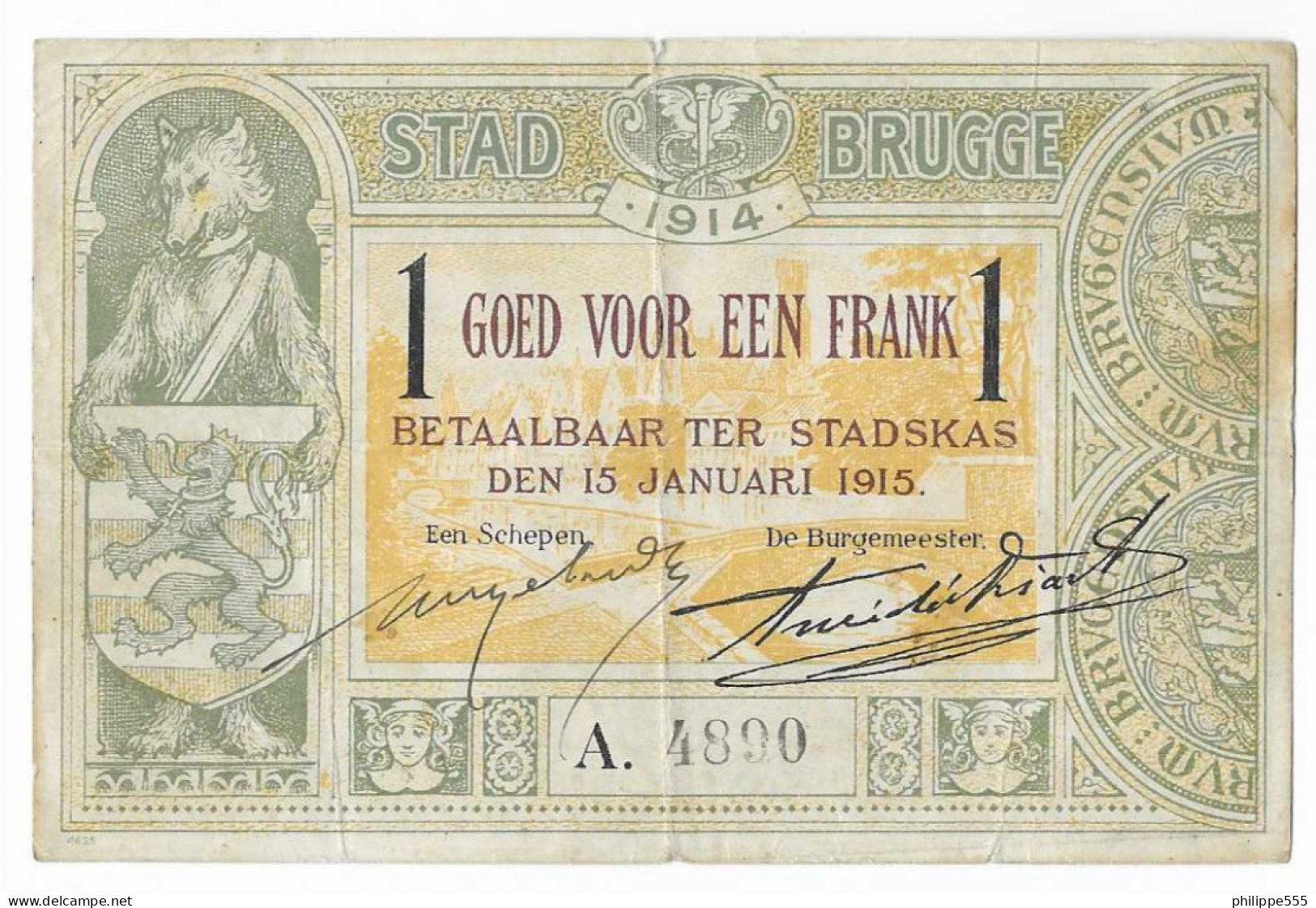 Noodgeld 1 Fr Brugge 15 Jan 1915 - 1-2 Francs