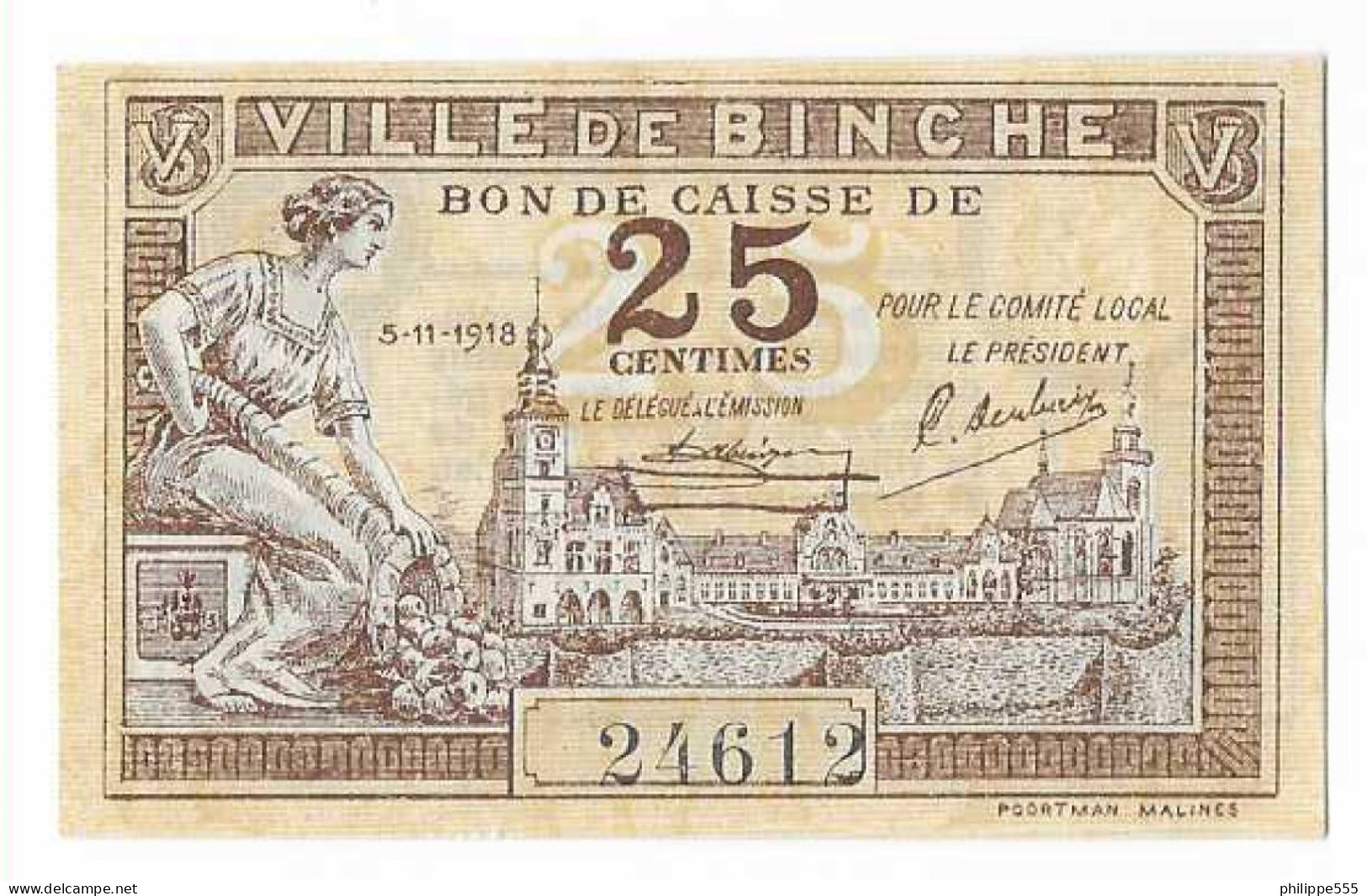 Noodgeld Binche 25 Cent 5-11-1918 - 1-2 Francs