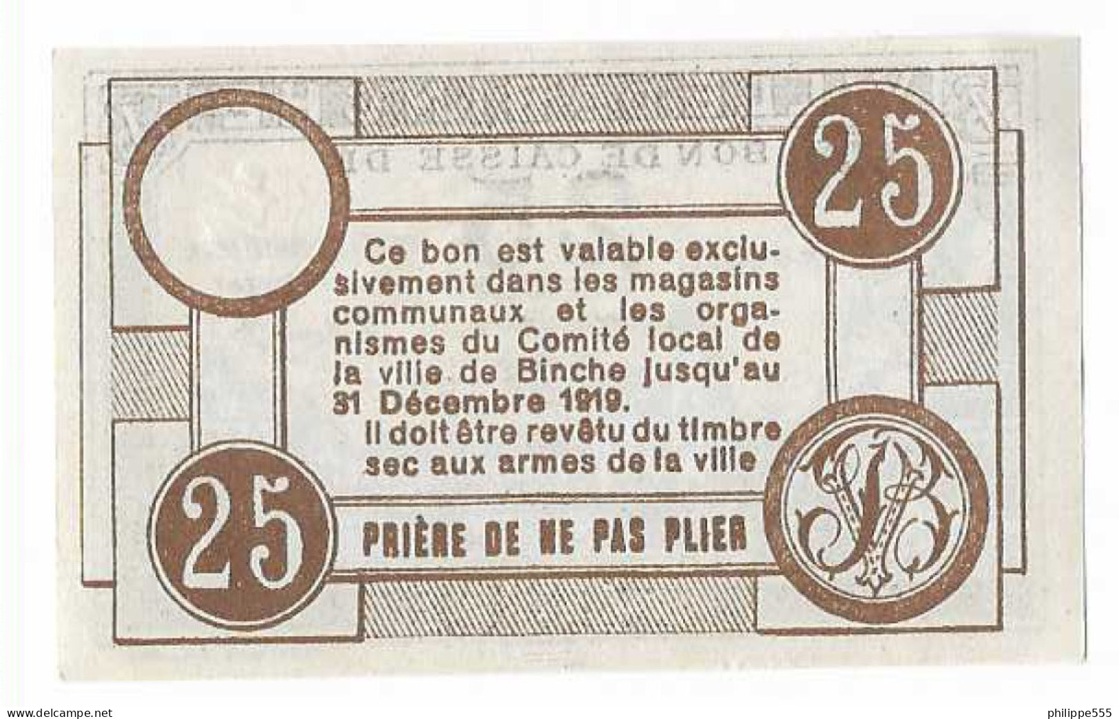 Noodgeld Binche 25 Cent 5-11-1918 - 1-2 Francos