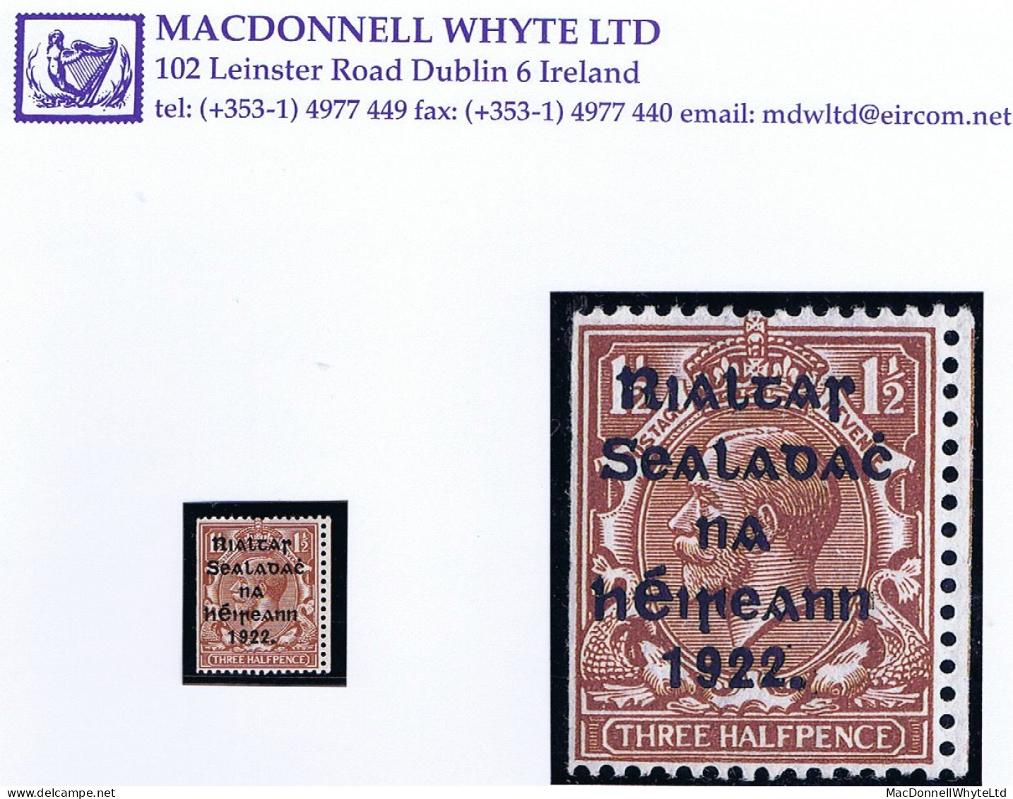 Ireland 1922 Harrison Rialtas 5-line Coils, 1½d Brown, Misguillotined With Part Neighbouring Stamp At Right Mint Hinged - Nuovi