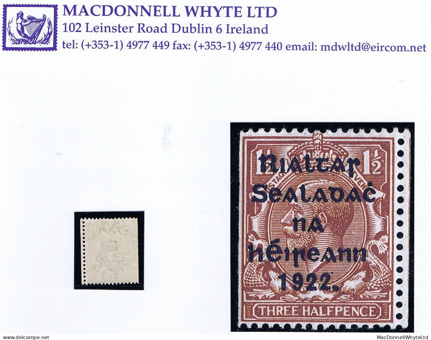Ireland 1922 Harrison Rialtas 5-line Coils, 1½d Brown, Misguillotined With Part Neighbouring Stamp At Right Mint Hinged - Unused Stamps