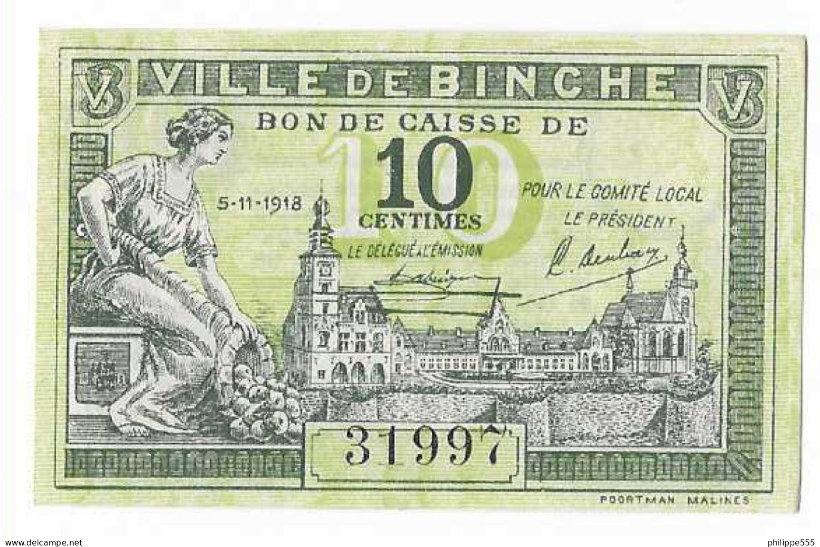 Noodgeld Binche 10 Cent 5-11-1918 - 1-2 Francs