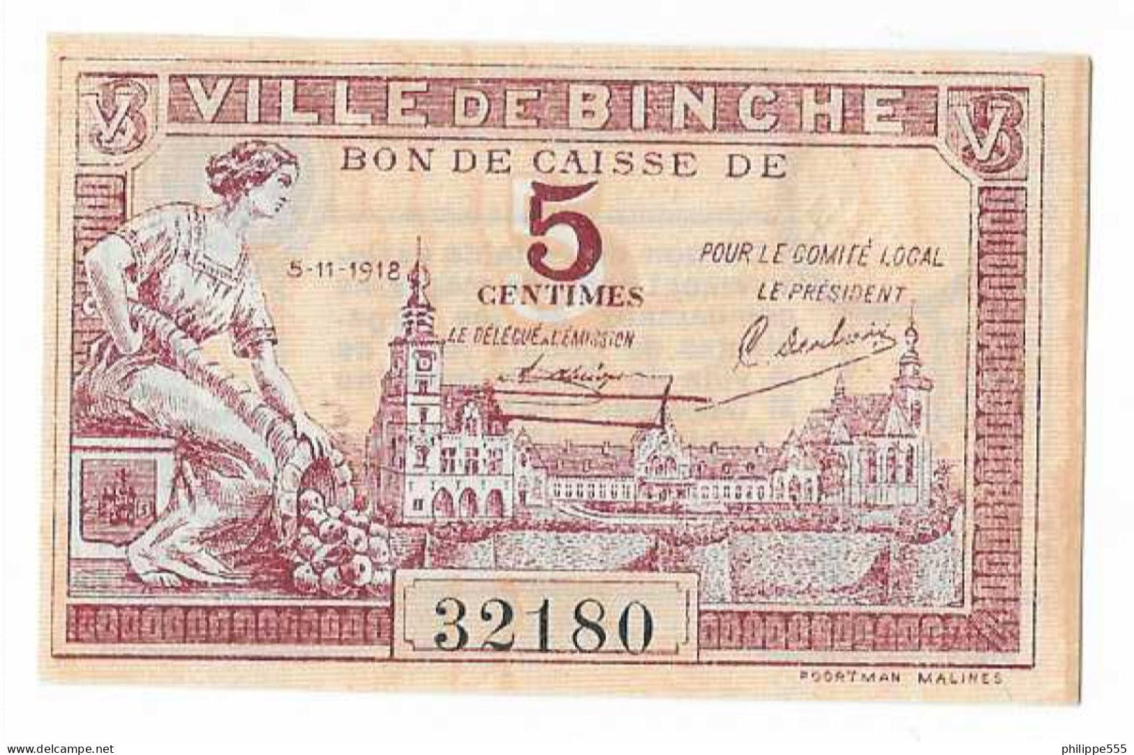 Noodgeld Binche 5 Cent 5-11-1918 - 1-2 Frank