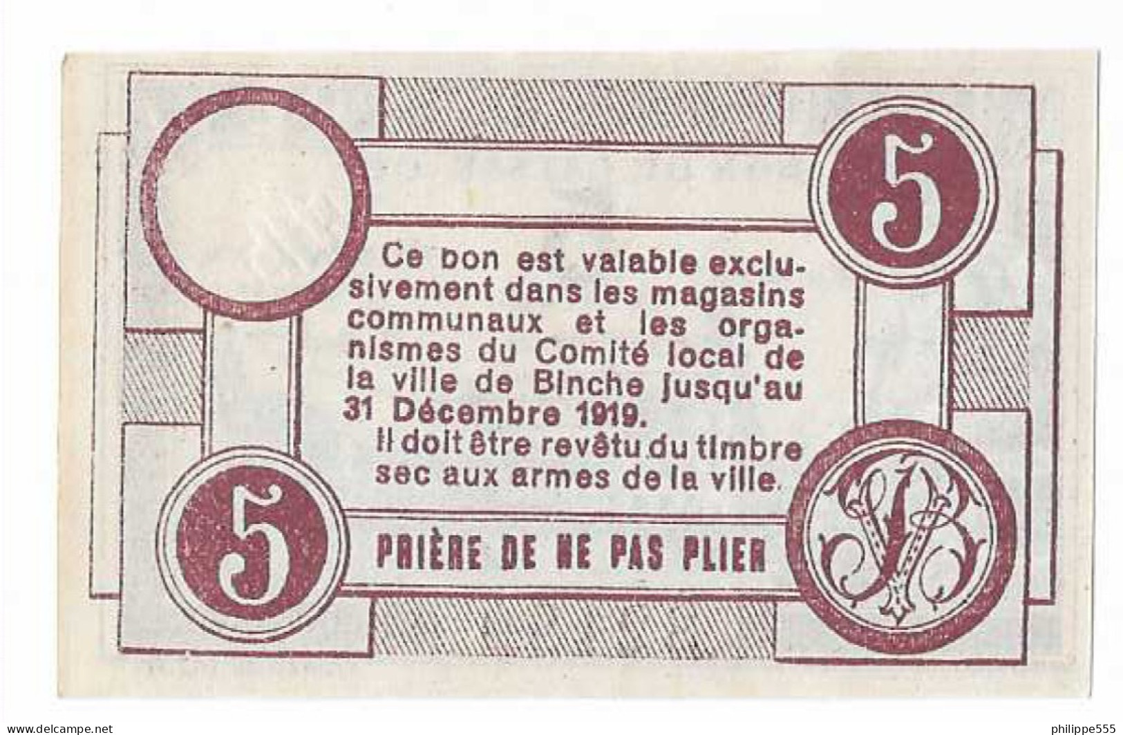 Noodgeld Binche 5 Cent 5-11-1918 - 1-2 Francos