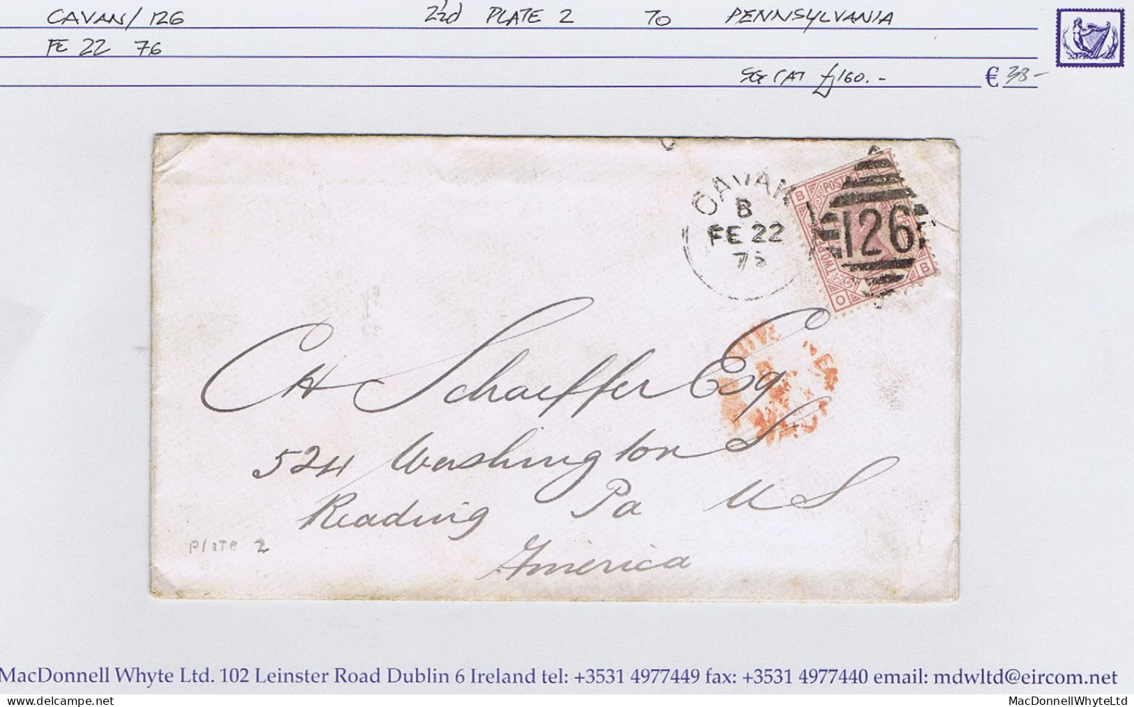 Ireland Cavan 1876 Cover To Pennsylvania With 2½d Rosy Mauve Plate 2 Tied CAVAN/126 Duplex For FE 22 - Impuestos