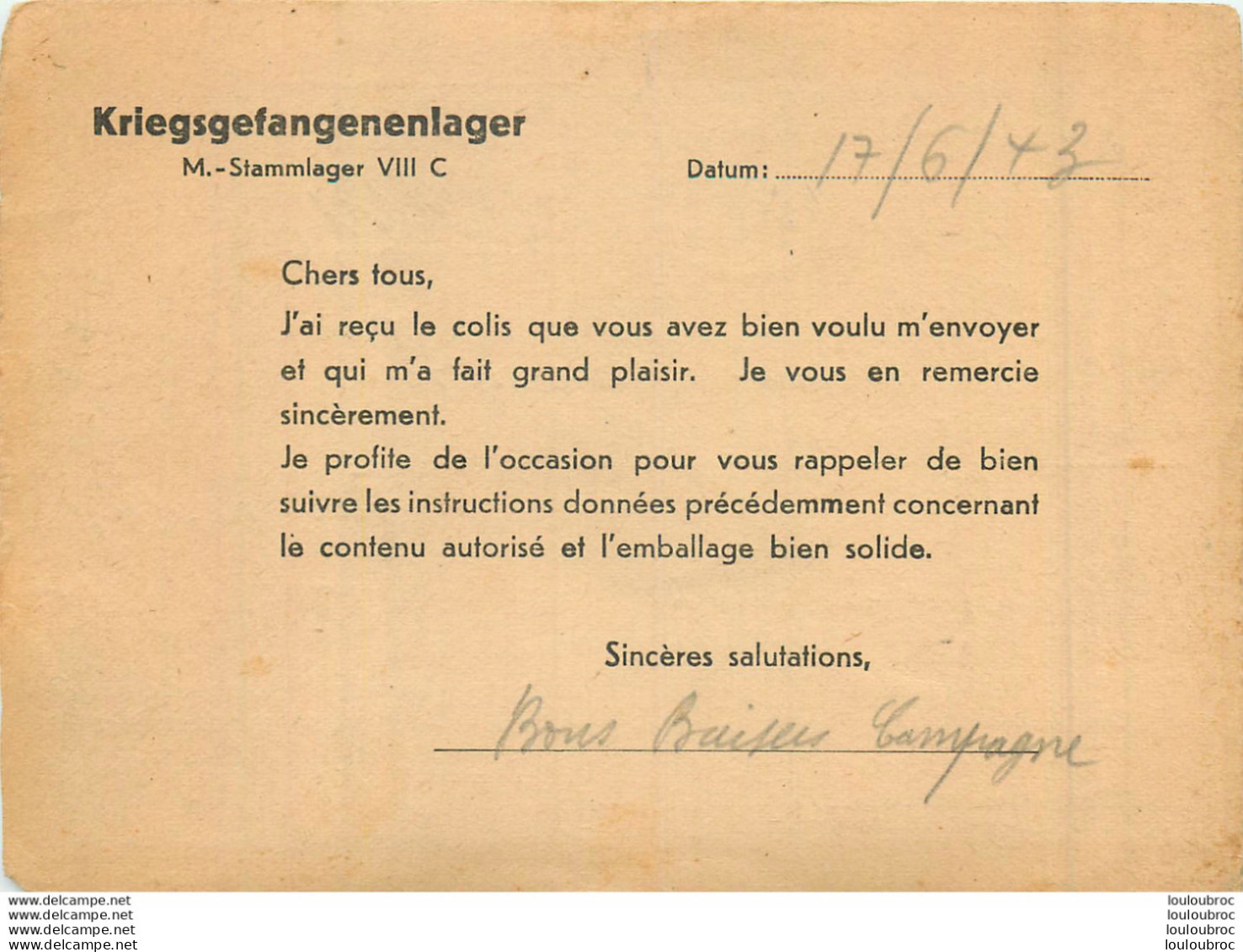 PRISONNIER KRIEGSGEFANGENENLAGER 06/1943 STAMMLAGER VIII C SAGAN SOLDAT CAMPAGNE N°49780 - 1939-45